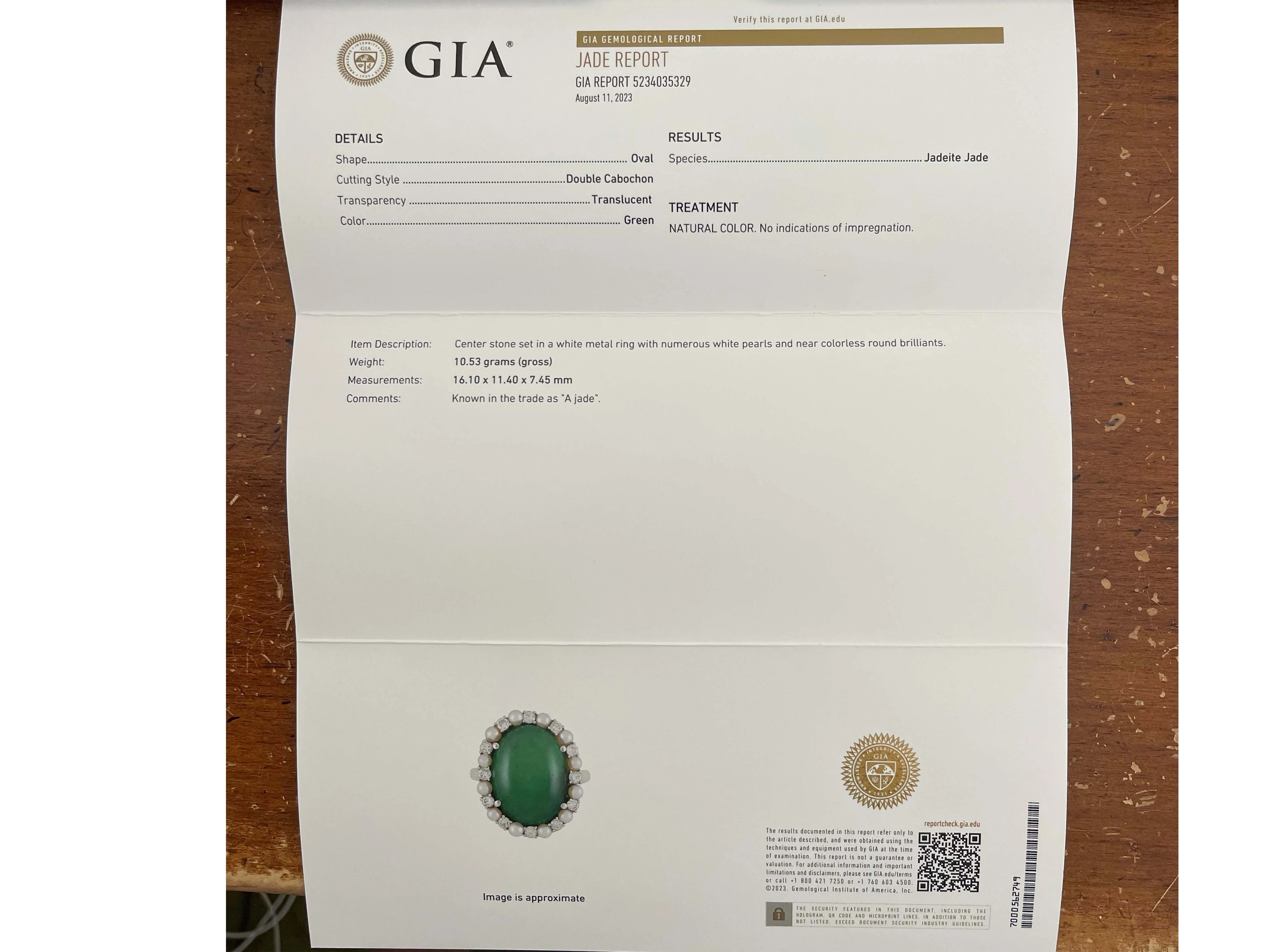 GIA Jadeite Jade Pearl and Diamond Halo Ring in Platinum
