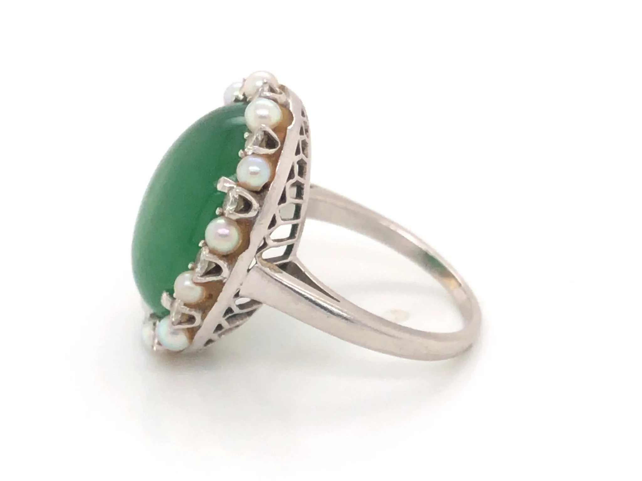 GIA Jadeite Jade Pearl and Diamond Halo Ring in Platinum