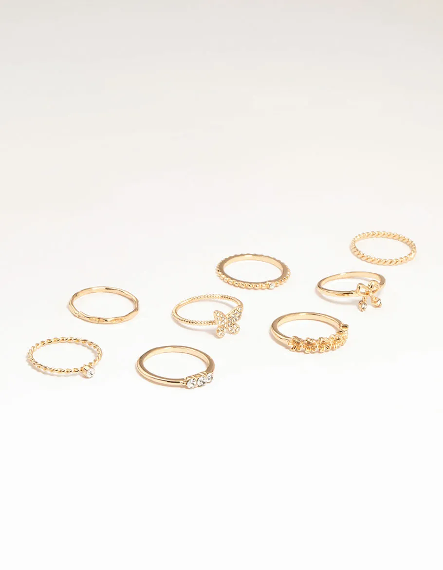 Gold Butterfly & Bow Rings 8-Pack