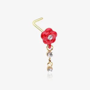 Golden Vintage Rose Blossom Dangle Sparkle L-Shaped Nose Ring