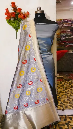 Grey Banarasi Silk Katan Suit Set