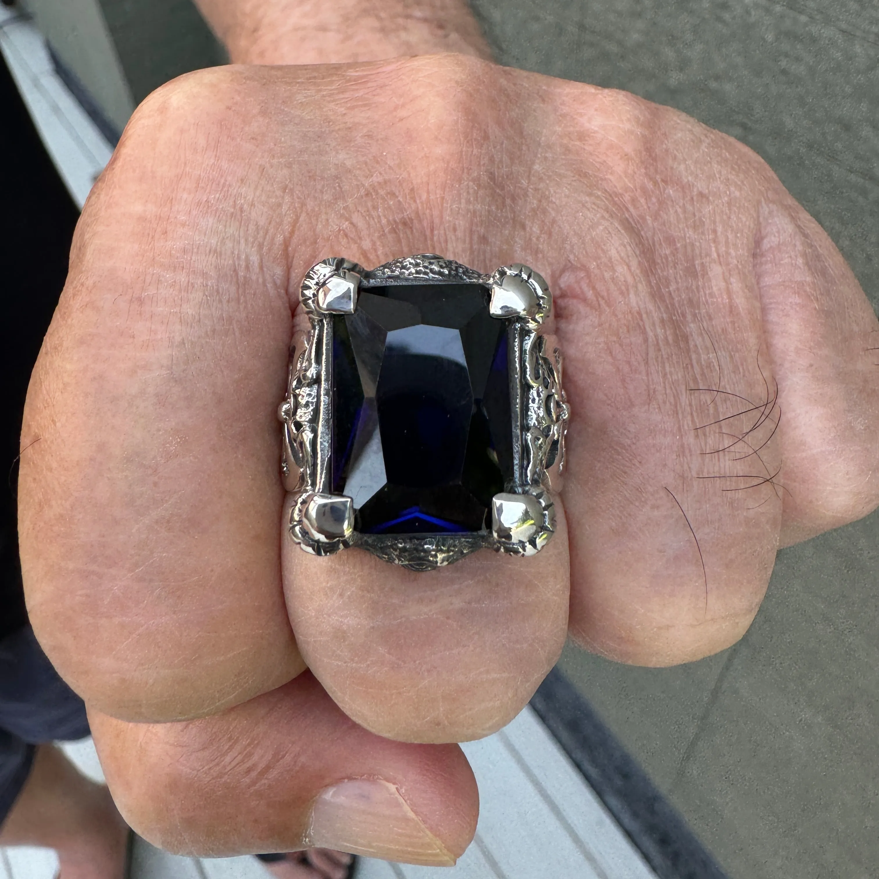 Heavy Dragon Claw & Axe Sapphire Blue Sterling Silver Biker Ring