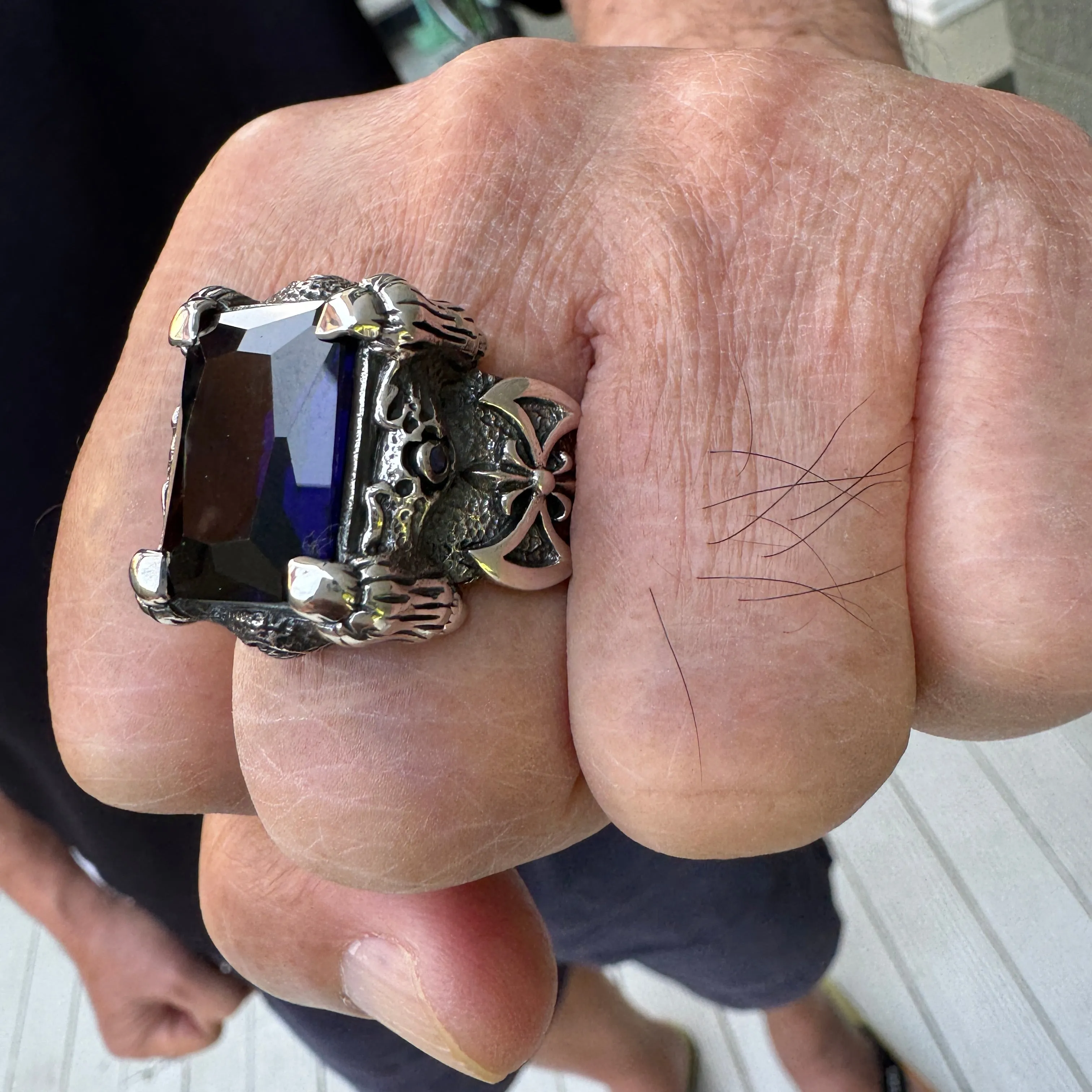 Heavy Dragon Claw & Axe Sapphire Blue Sterling Silver Biker Ring