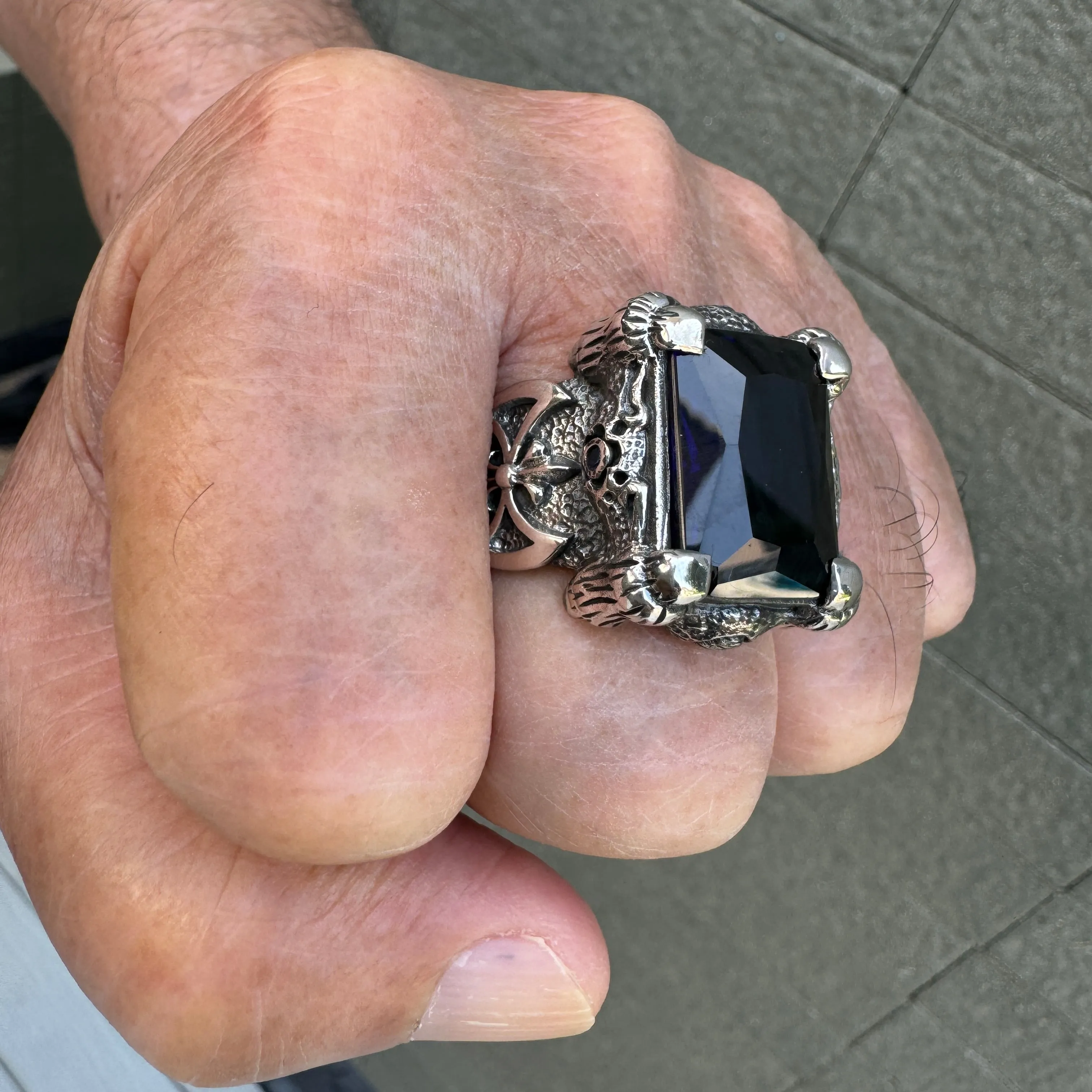 Heavy Dragon Claw & Axe Sapphire Blue Sterling Silver Biker Ring