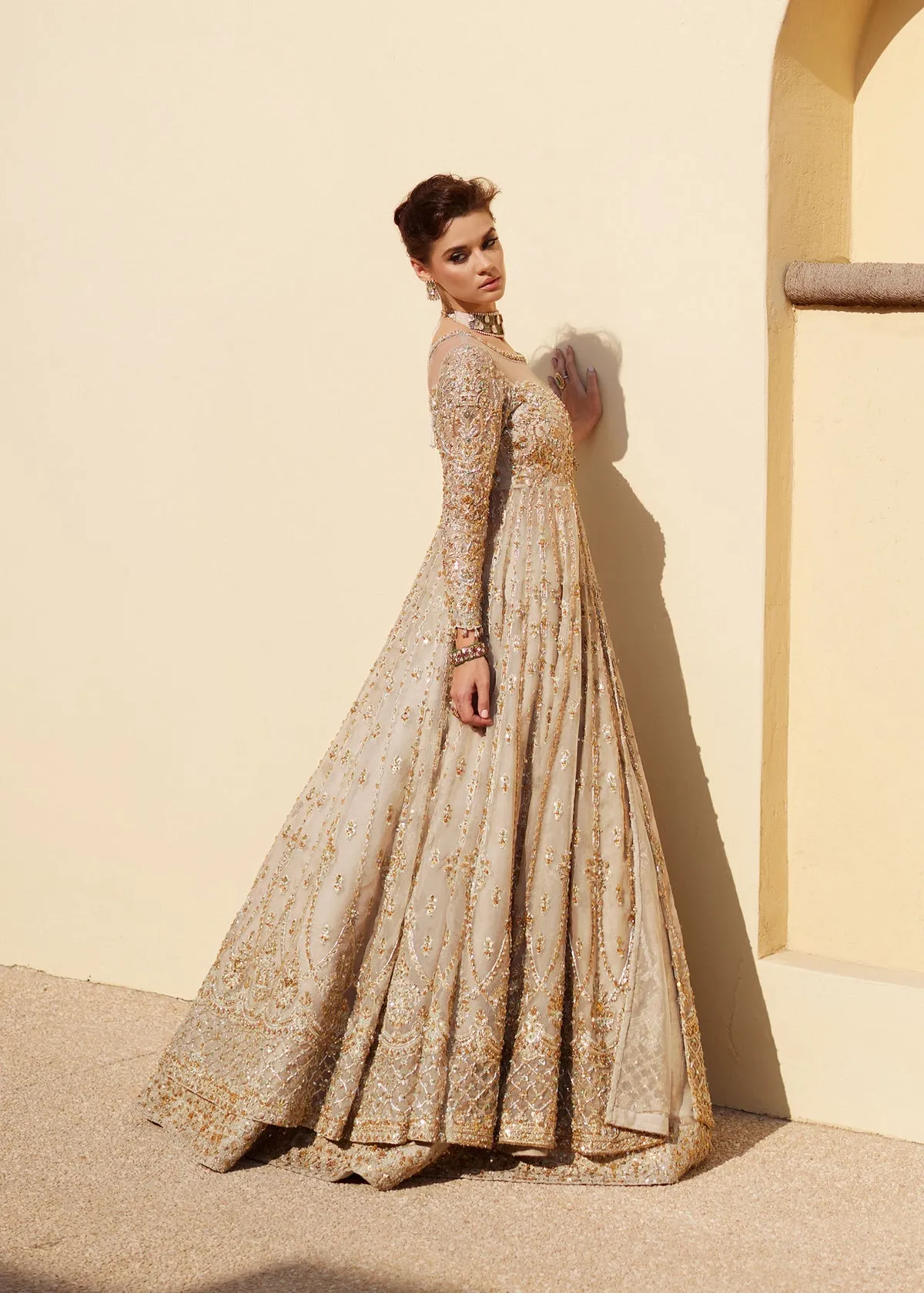 Ivory Pakistani Bridal Dress in Lehenga and Gown Style
