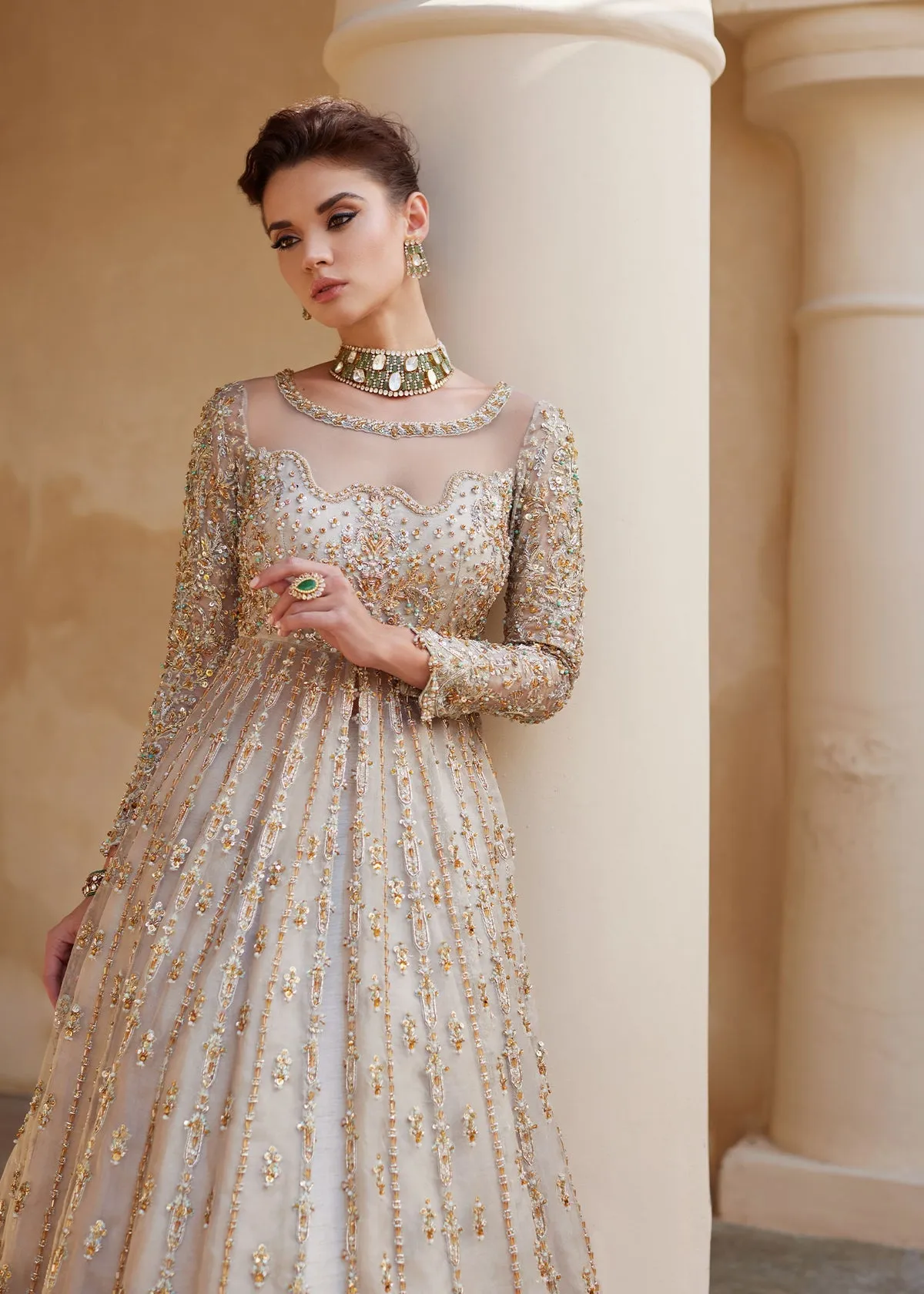 Ivory Pakistani Bridal Dress in Lehenga and Gown Style