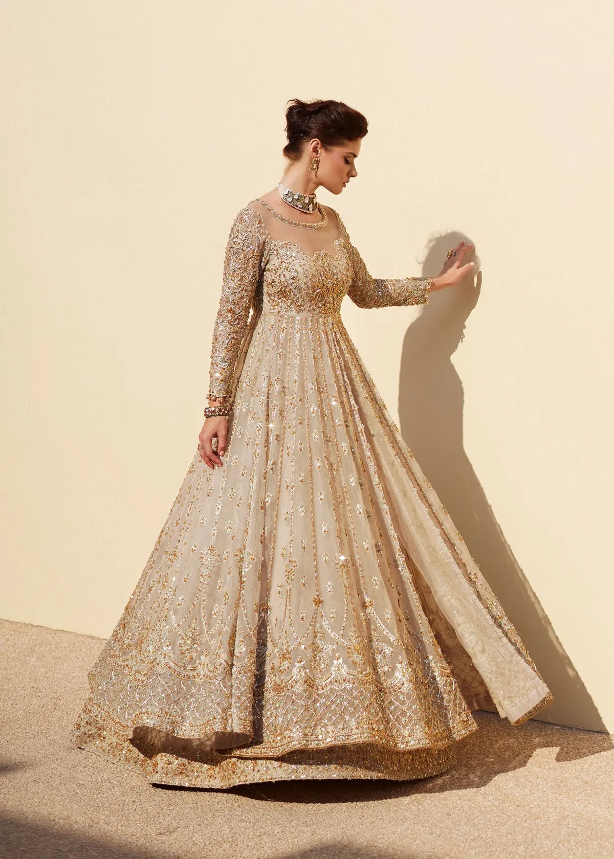 Ivory Pakistani Bridal Dress in Lehenga and Gown Style