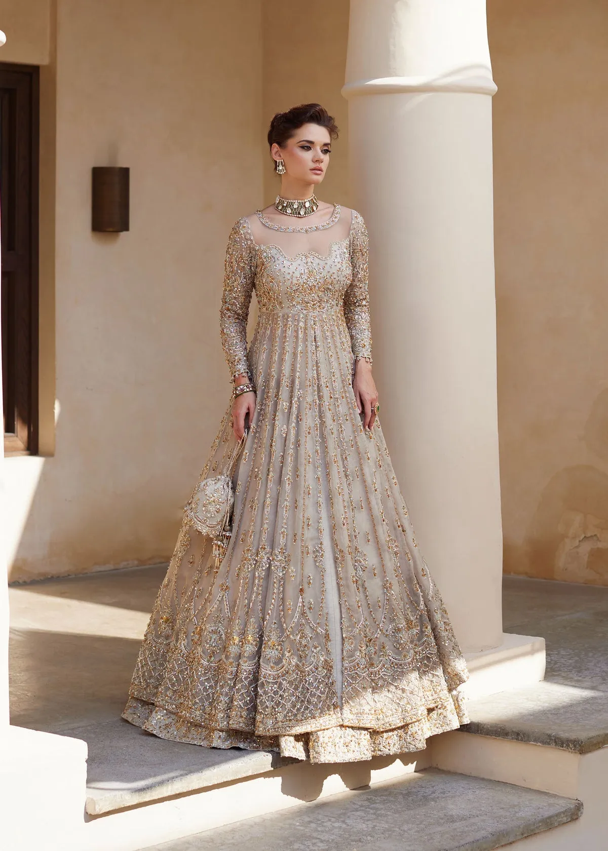 Ivory Pakistani Bridal Dress in Lehenga and Gown Style