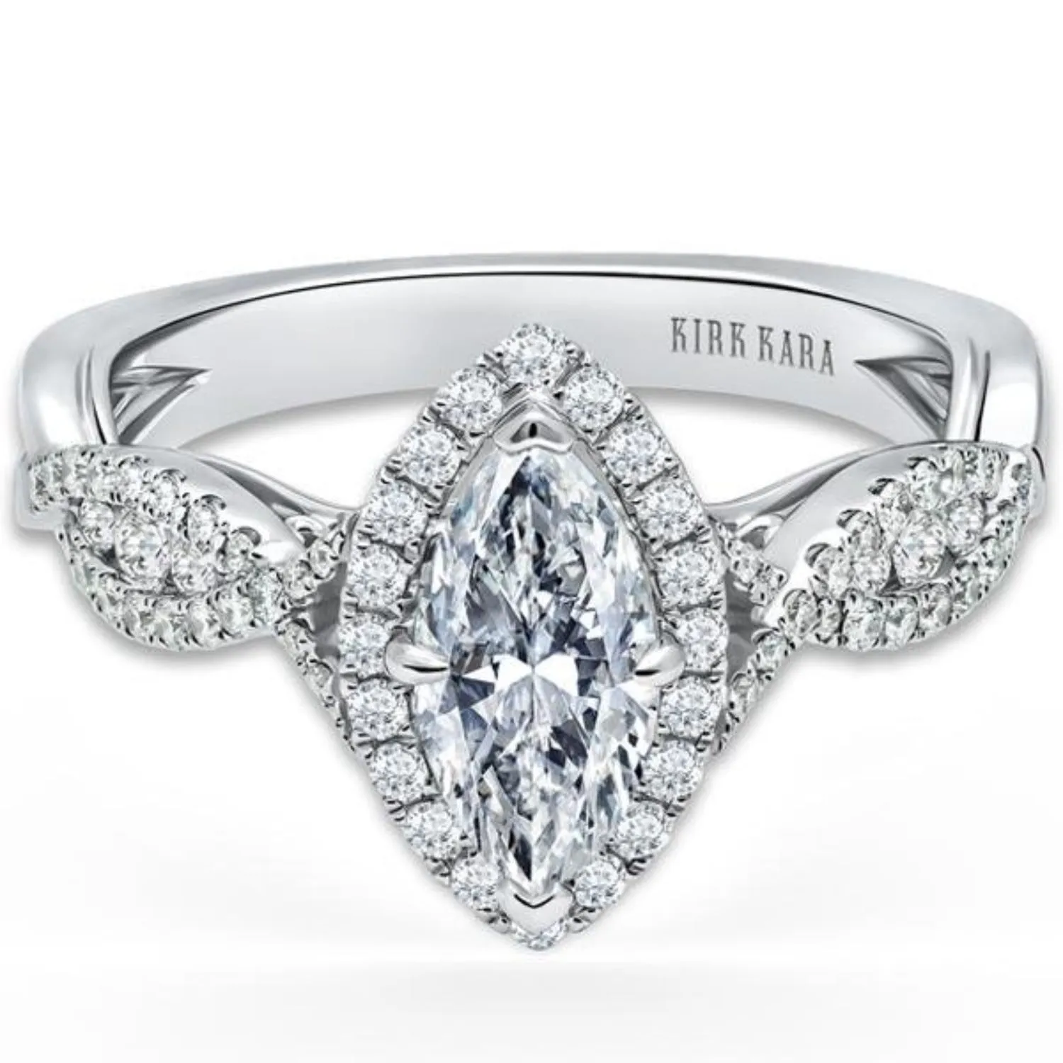 Kirk Kara "Pirouetta" Split Shank Twist Marquise Halo Diamond Engagement Ring