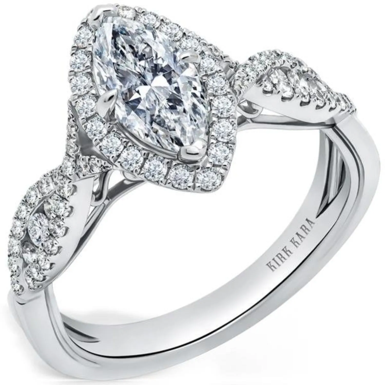 Kirk Kara "Pirouetta" Split Shank Twist Marquise Halo Diamond Engagement Ring