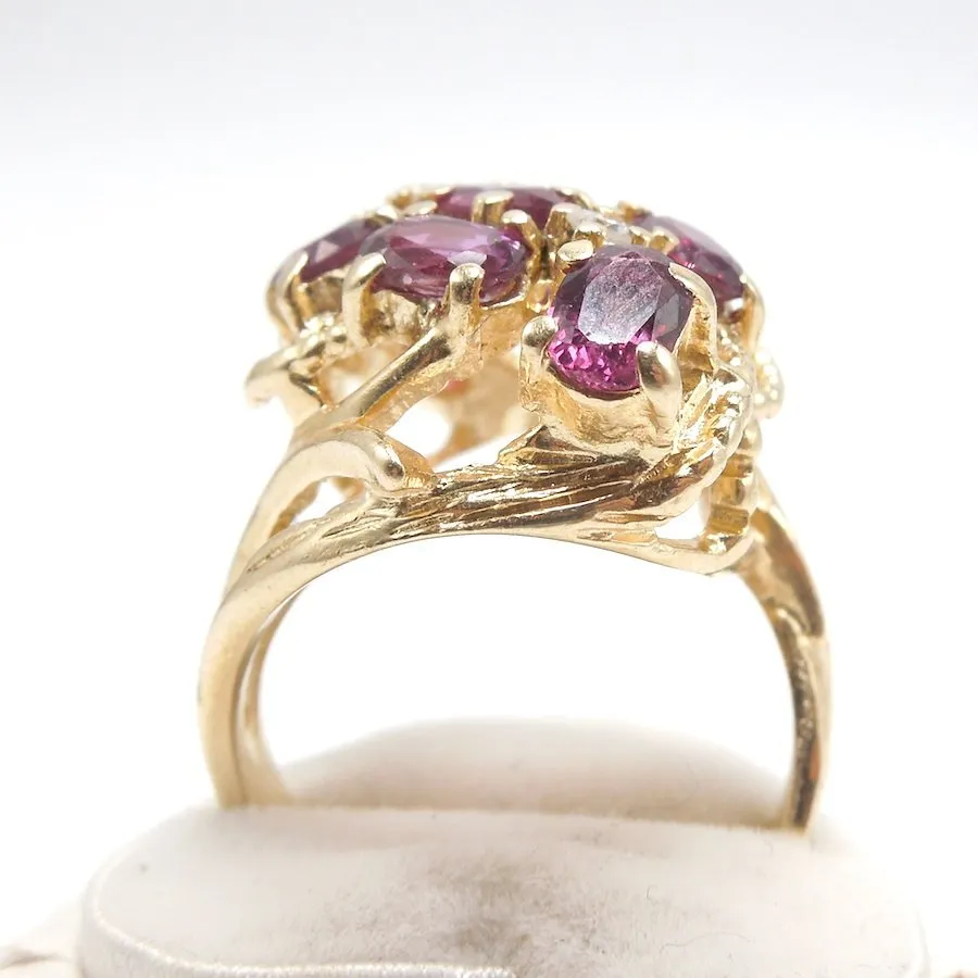 Large 14K Yellow Gold Oval Rhodolite Garnet and Diamond Ring