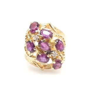 Large 14K Yellow Gold Oval Rhodolite Garnet and Diamond Ring