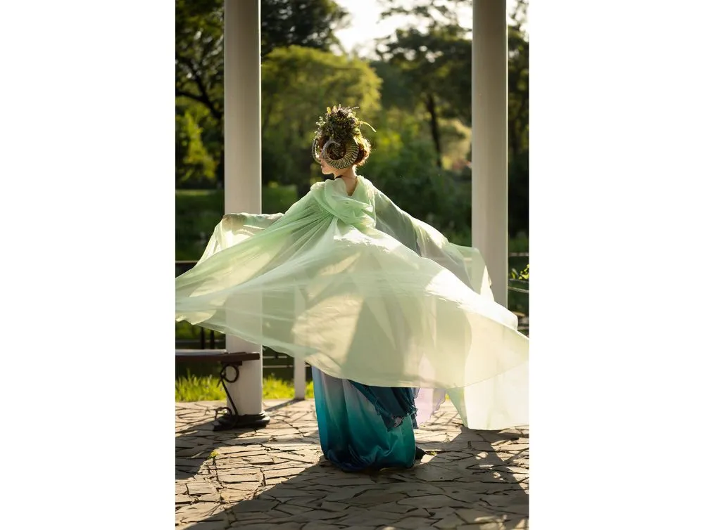 Light Green Fantasy Hooded Tulle Cape