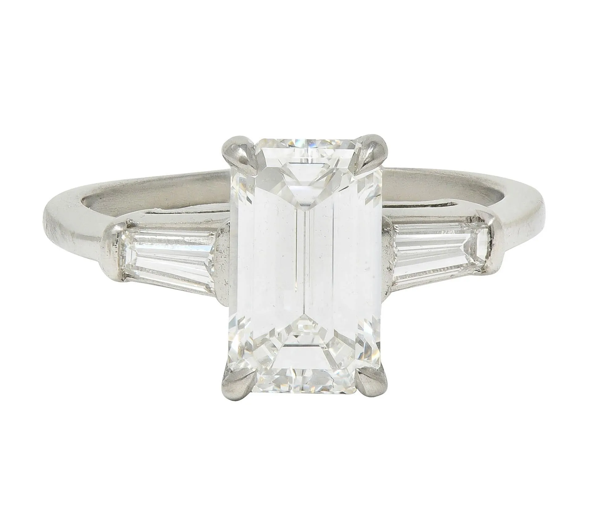 Mid-Century 2.56 CTW Emerald Cut Diamond Platinum Vintage Three Stone Engagement Ring GIA