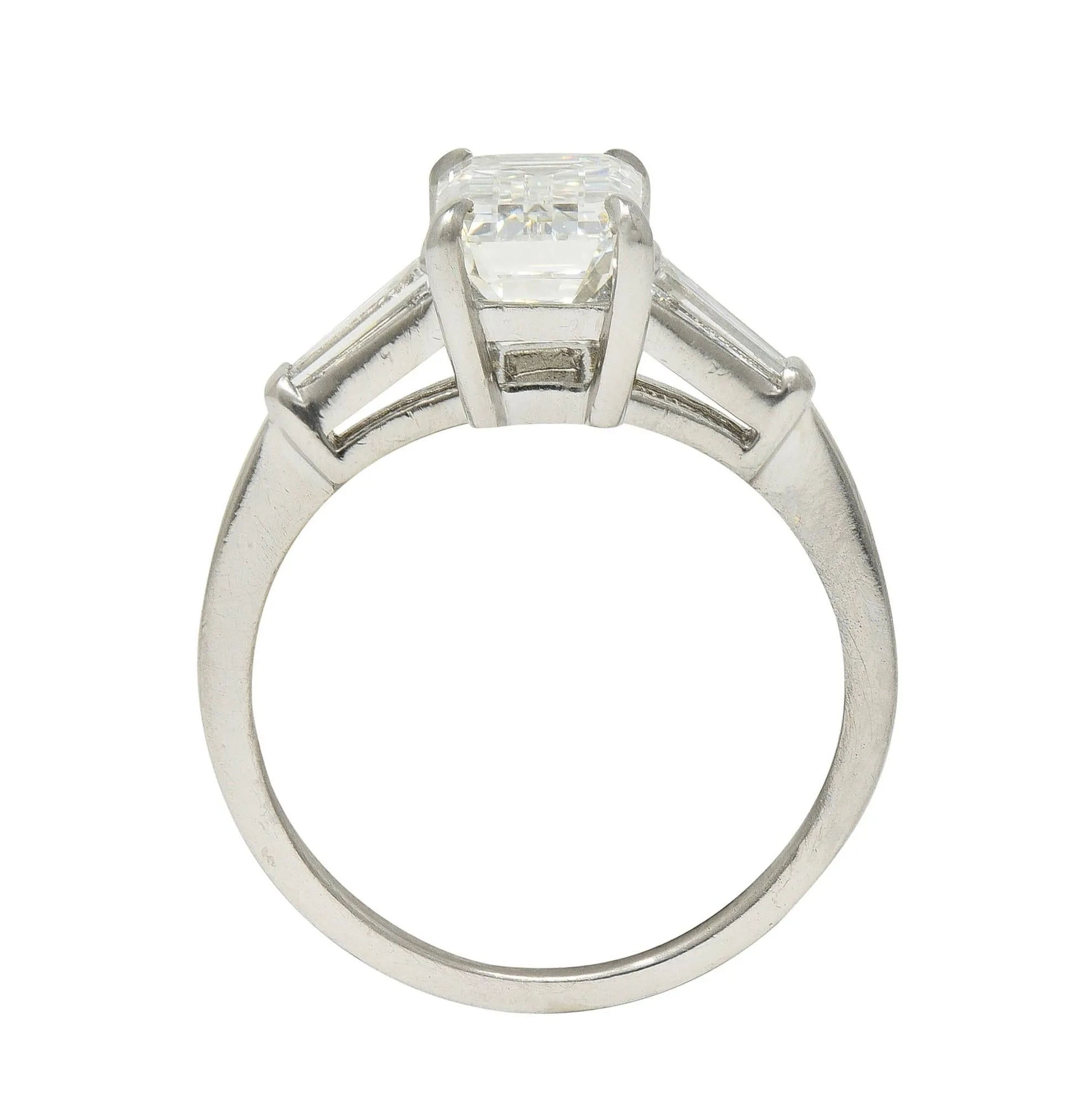 Mid-Century 2.56 CTW Emerald Cut Diamond Platinum Vintage Three Stone Engagement Ring GIA