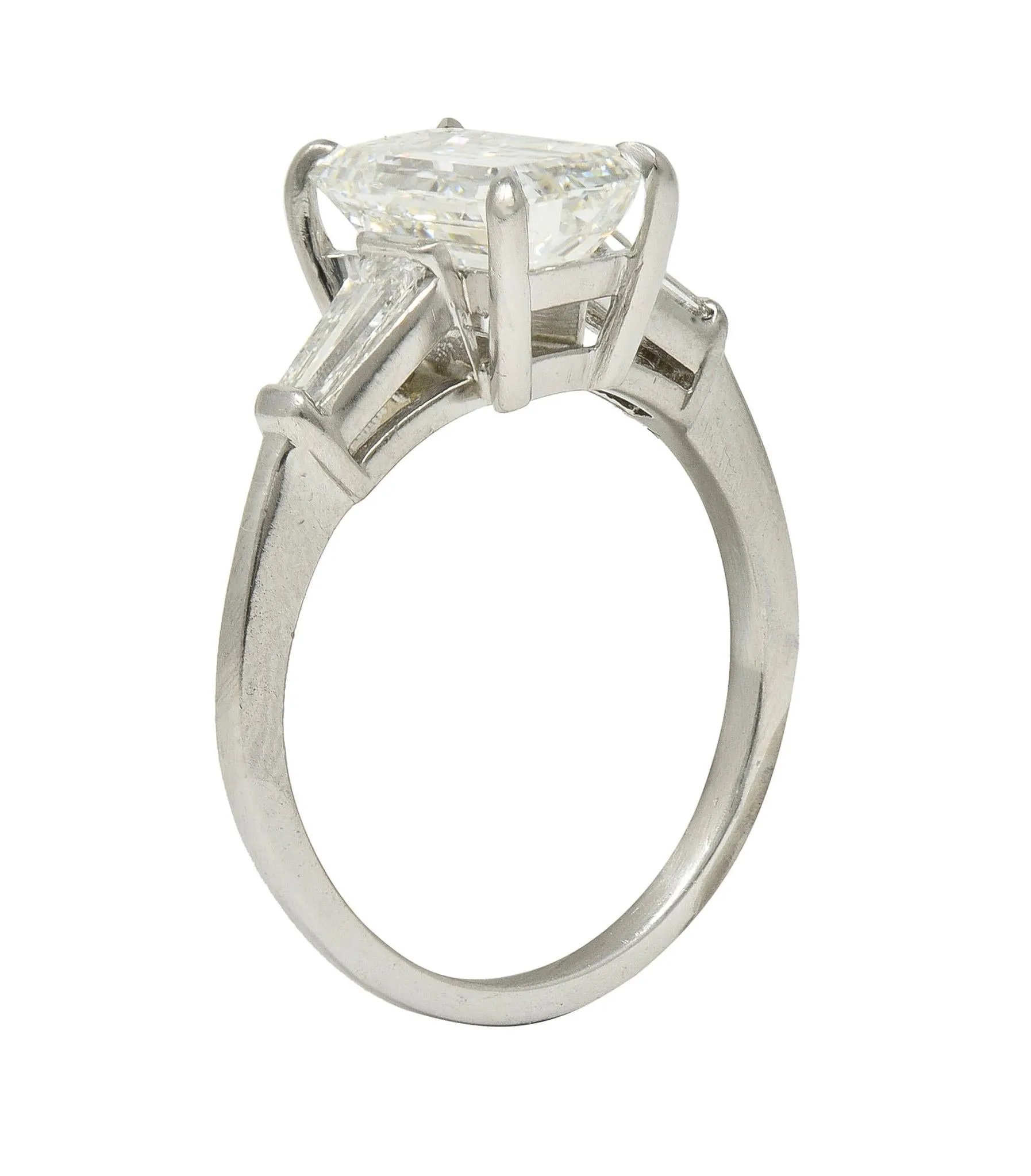 Mid-Century 2.56 CTW Emerald Cut Diamond Platinum Vintage Three Stone Engagement Ring GIA