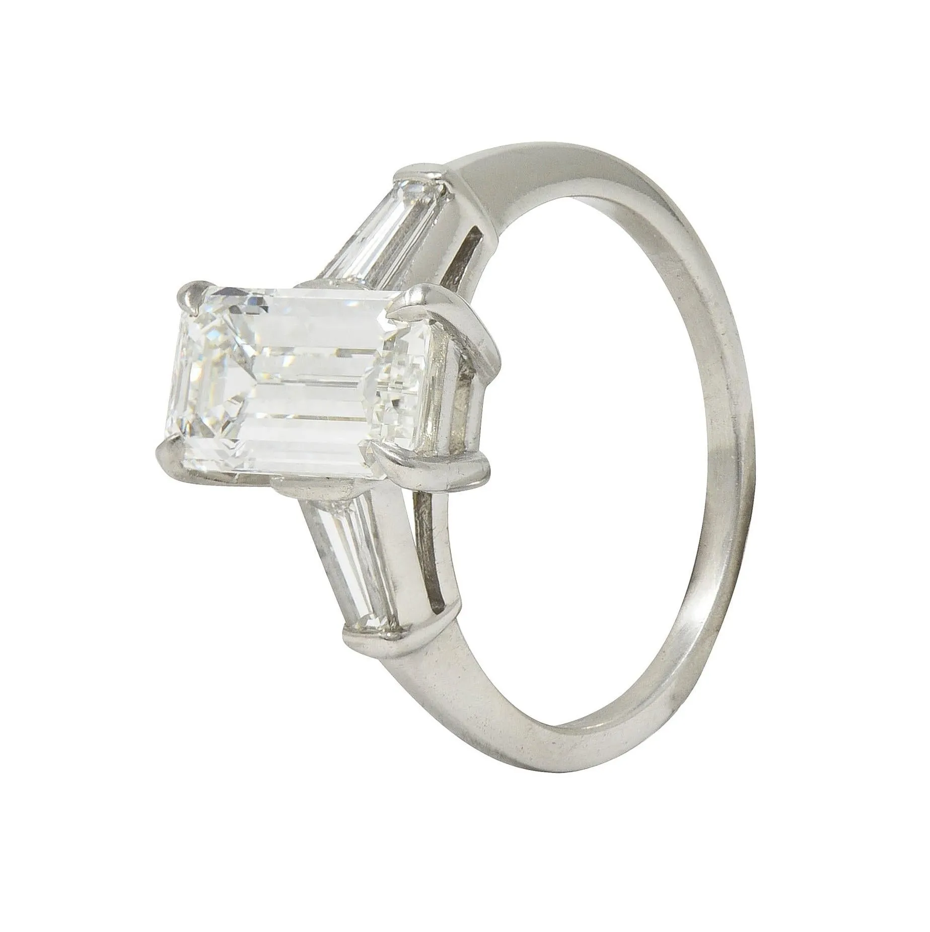 Mid-Century 2.56 CTW Emerald Cut Diamond Platinum Vintage Three Stone Engagement Ring GIA