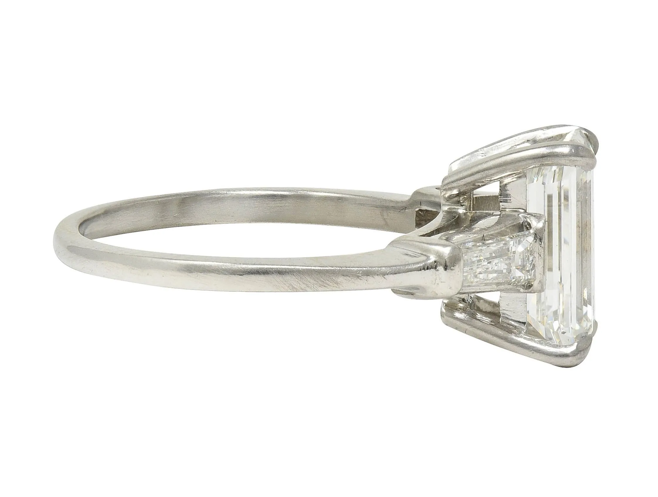 Mid-Century 2.56 CTW Emerald Cut Diamond Platinum Vintage Three Stone Engagement Ring GIA