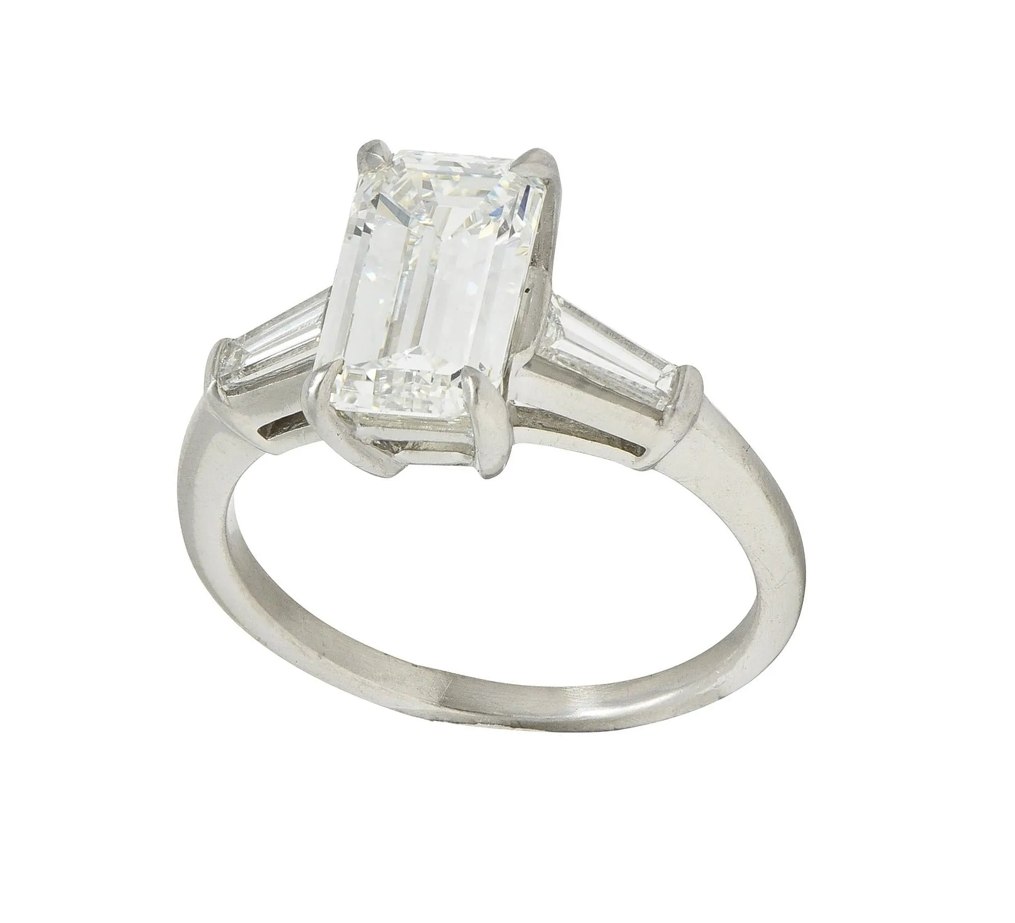 Mid-Century 2.56 CTW Emerald Cut Diamond Platinum Vintage Three Stone Engagement Ring GIA