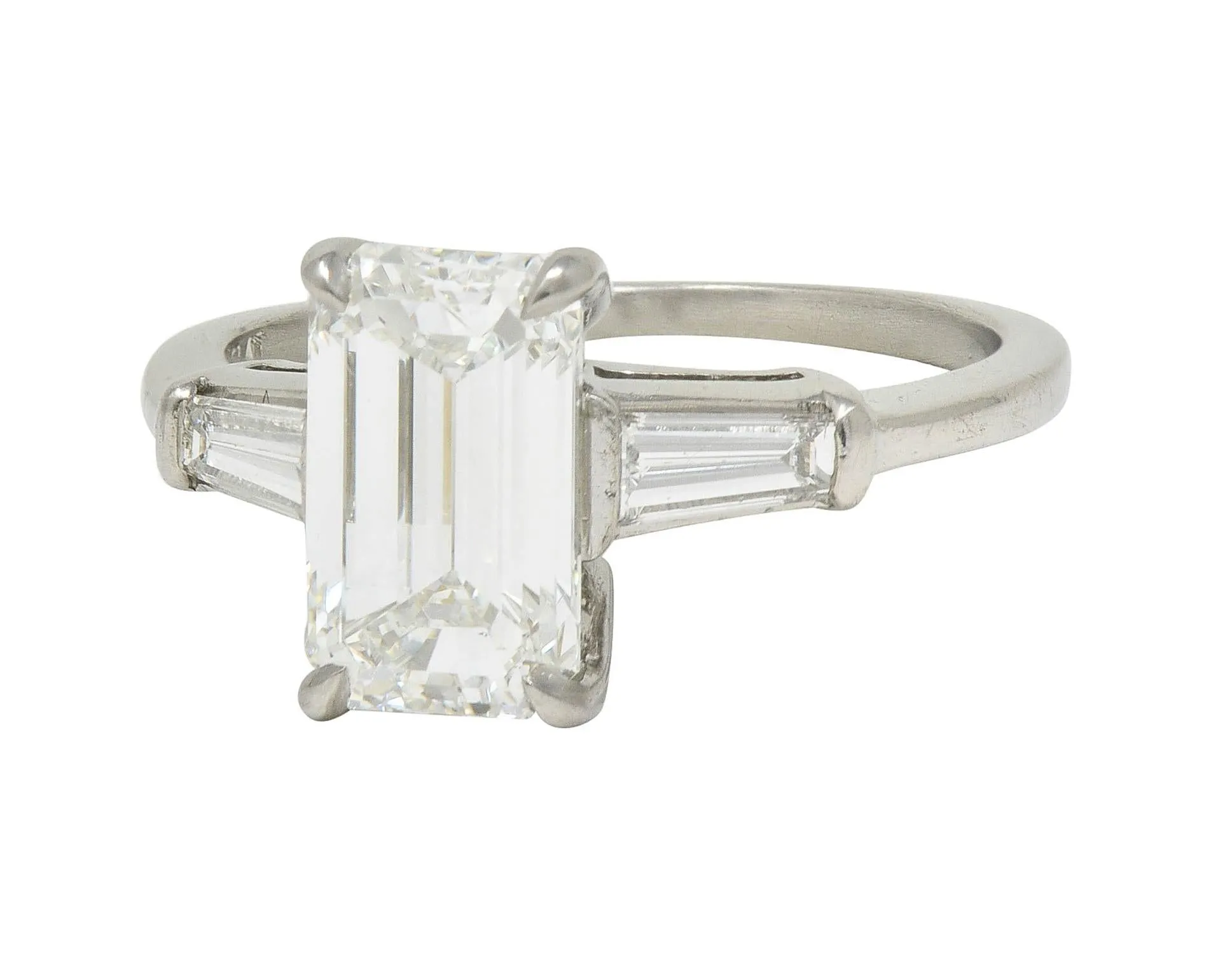 Mid-Century 2.56 CTW Emerald Cut Diamond Platinum Vintage Three Stone Engagement Ring GIA