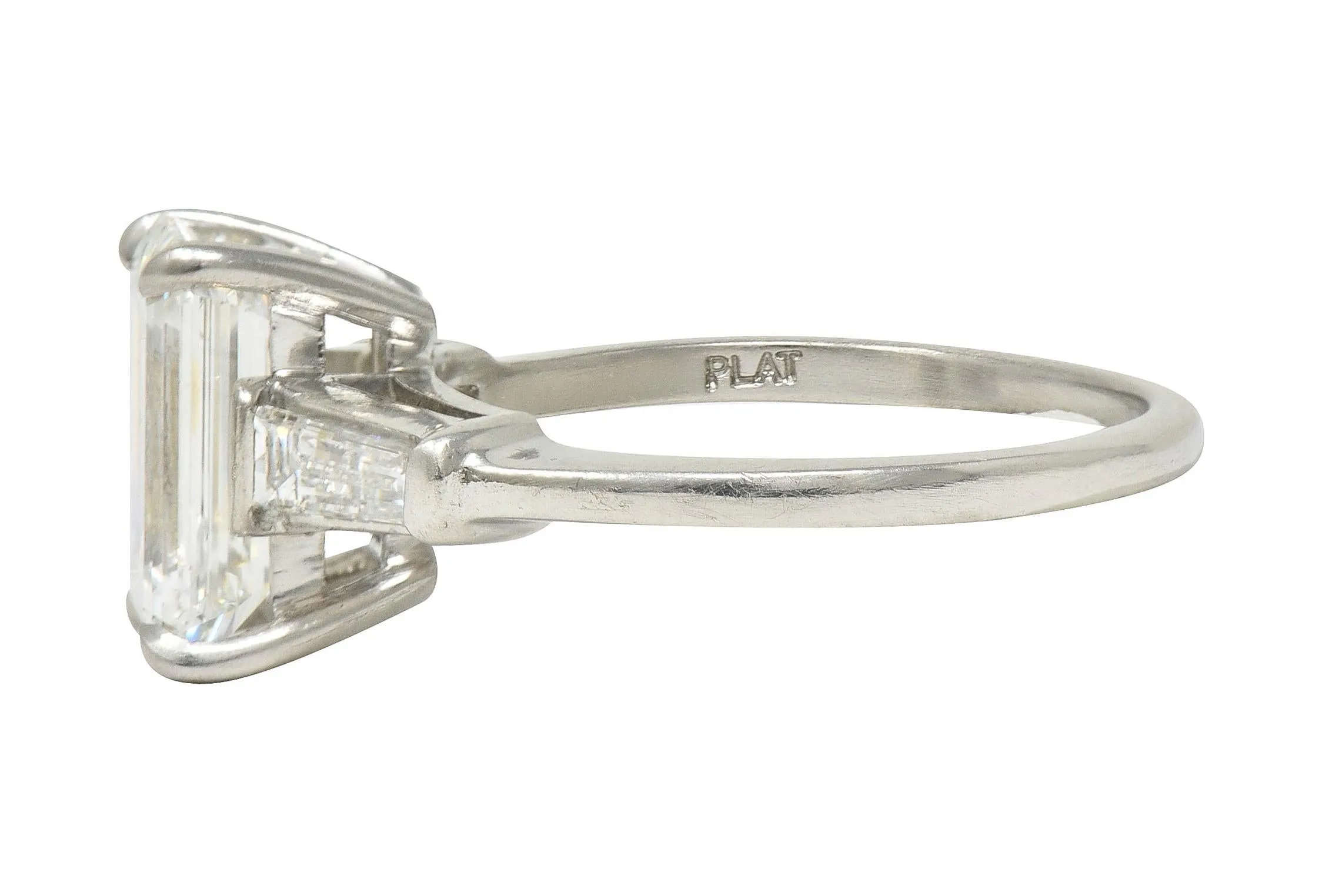 Mid-Century 2.56 CTW Emerald Cut Diamond Platinum Vintage Three Stone Engagement Ring GIA