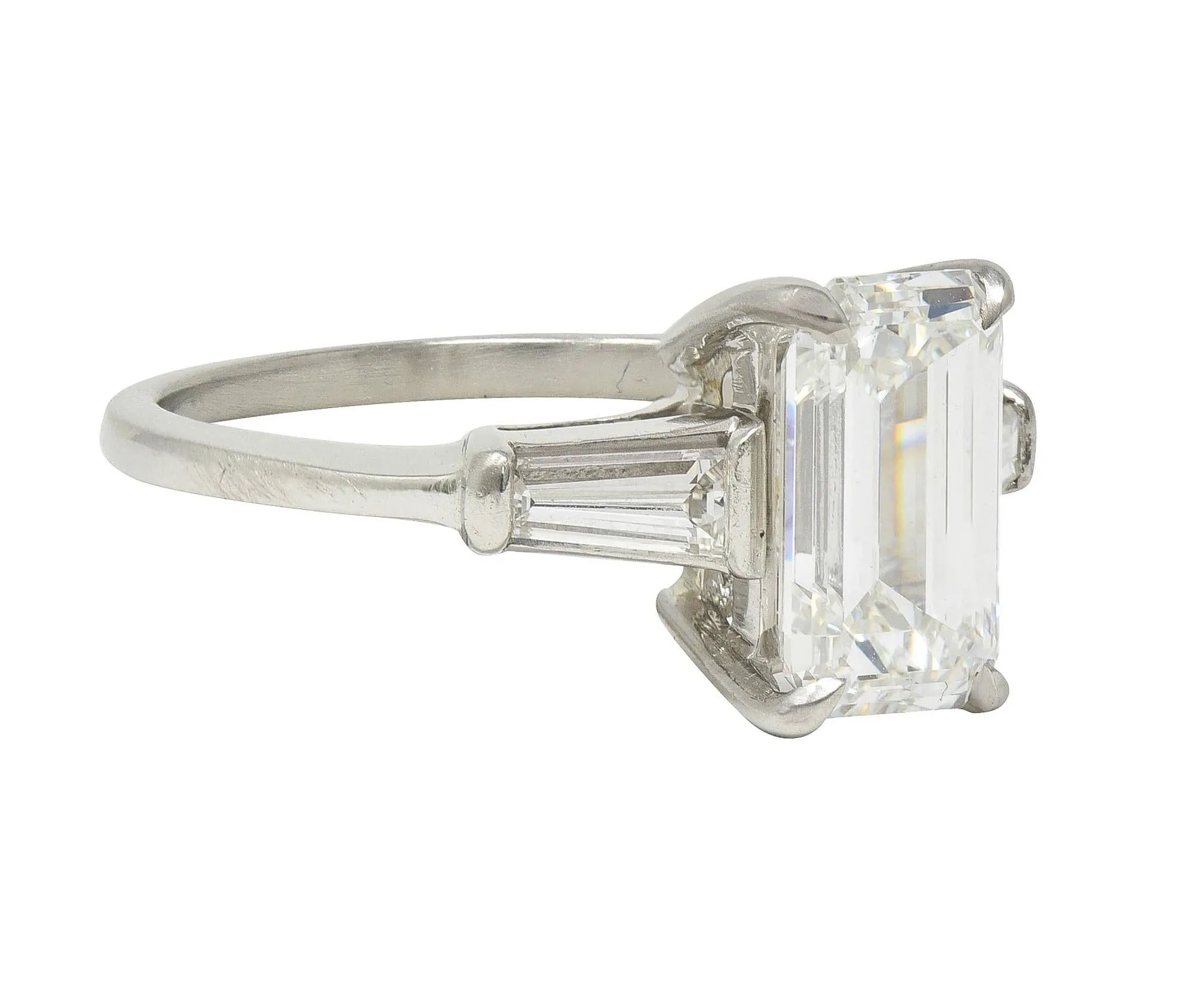 Mid-Century 2.56 CTW Emerald Cut Diamond Platinum Vintage Three Stone Engagement Ring GIA