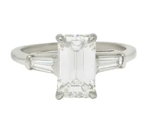 Mid-Century 2.56 CTW Emerald Cut Diamond Platinum Vintage Three Stone Engagement Ring GIA