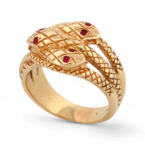 Mid-Century Triple Snake Band Ring with Ruby Eyes in 14k Yellow Gold
