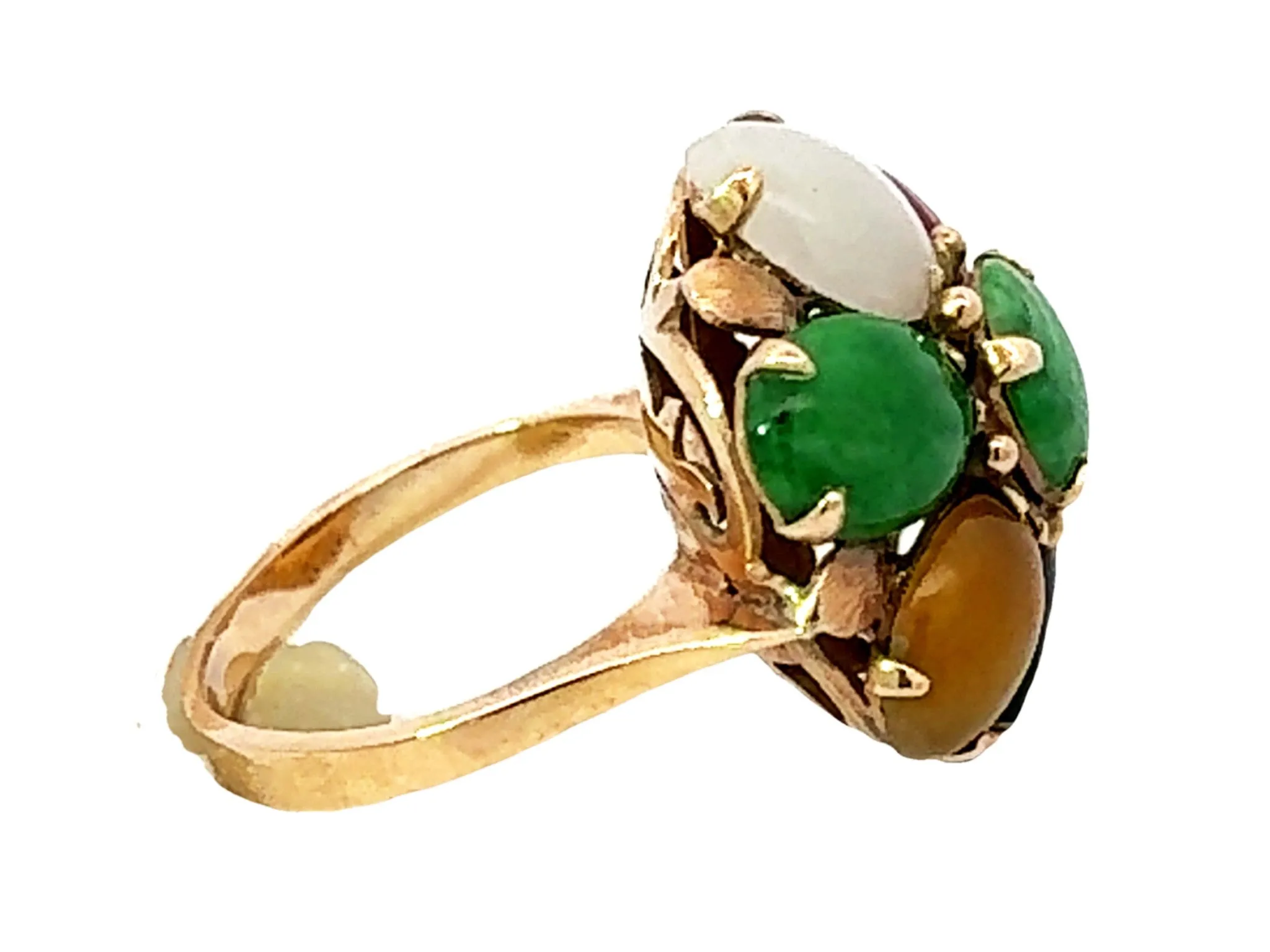Multi Colored Jade Flower Ring 14K Yellow Gold