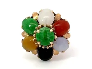 Multi Colored Jade Flower Ring 14K Yellow Gold