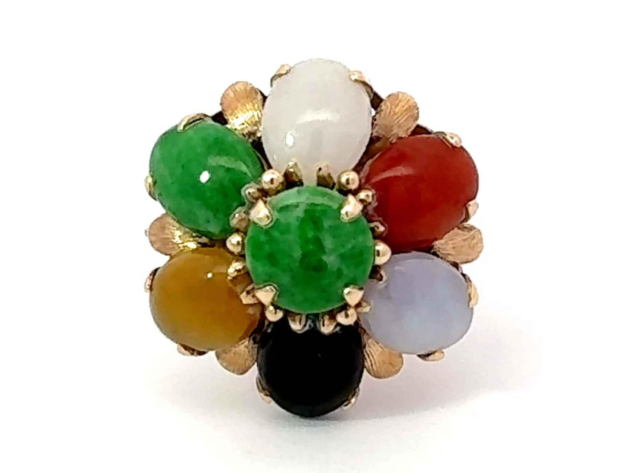 Multi Colored Jade Flower Ring 14K Yellow Gold