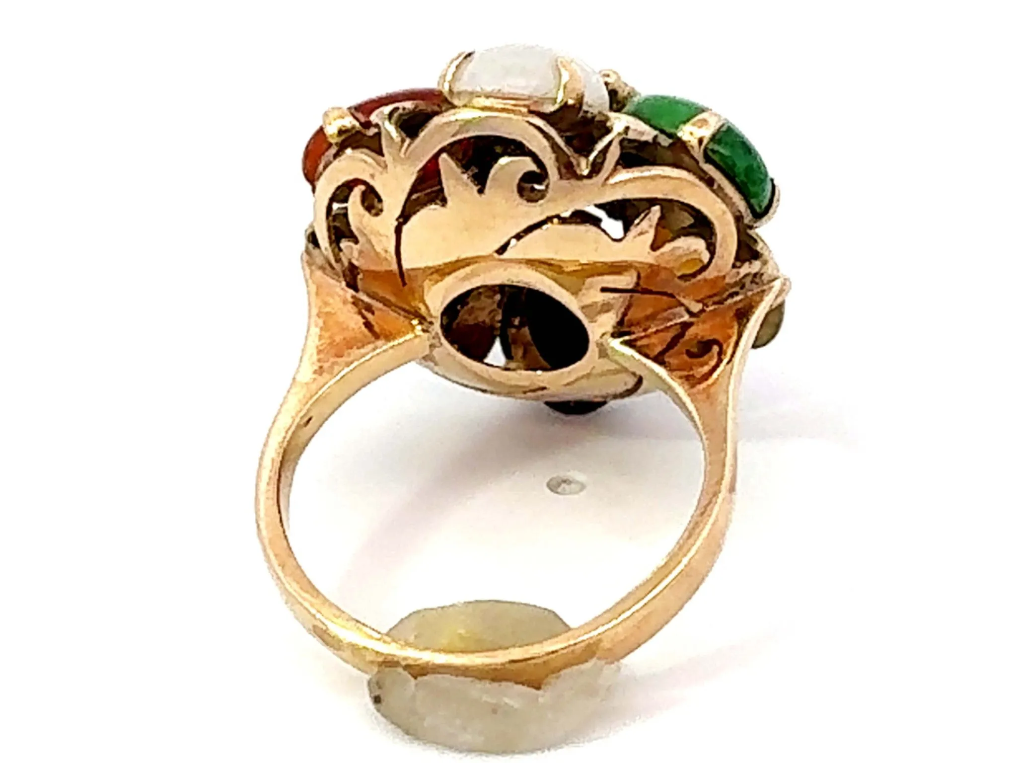 Multi Colored Jade Flower Ring 14K Yellow Gold