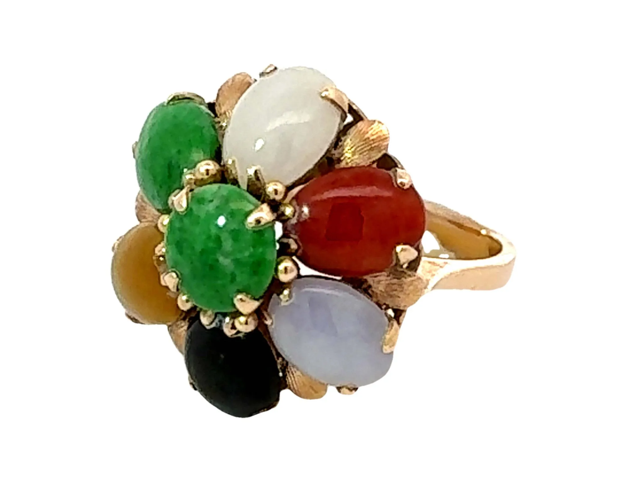 Multi Colored Jade Flower Ring 14K Yellow Gold