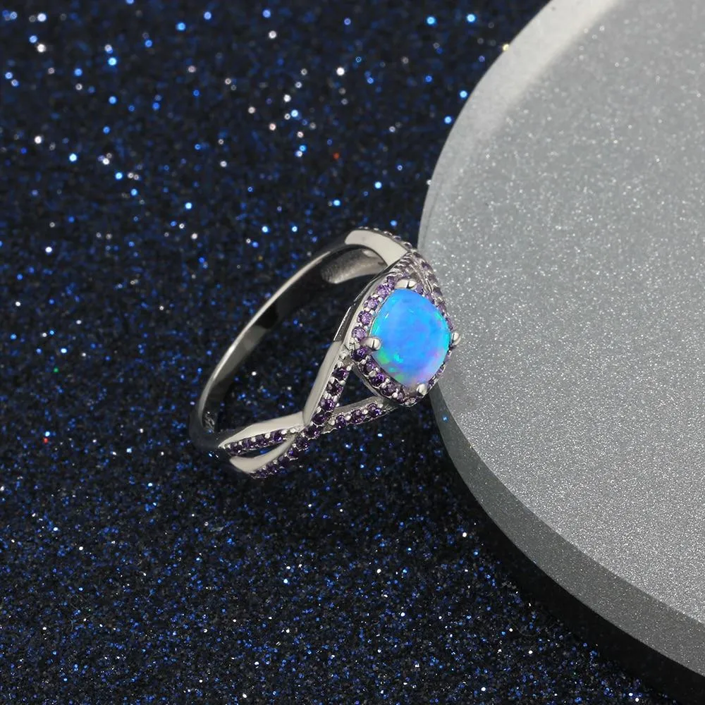 Opal Stone With Purple Cubic Zirconia Solid 925 Sterling Silver Ring Fashion Party Jewelry Gifts For Women