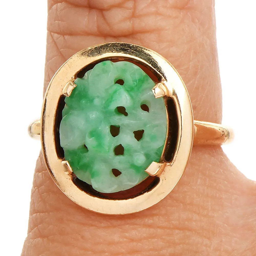 Oval Shaped Floral Carved Jade Piece in 14K Yellow Gold Ring