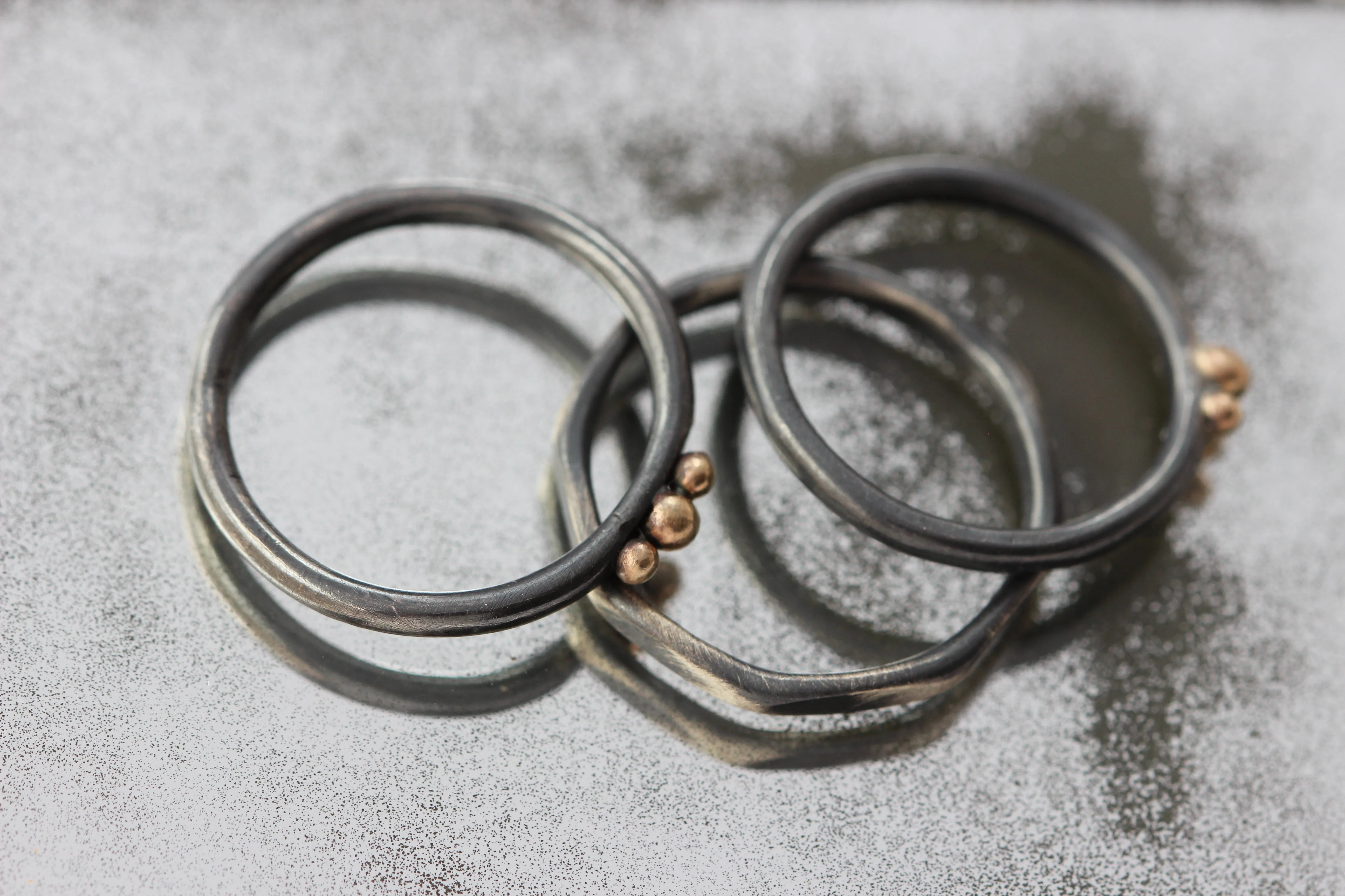 Oxidized Sterling Silver Ring with Three 14k Gold Balls