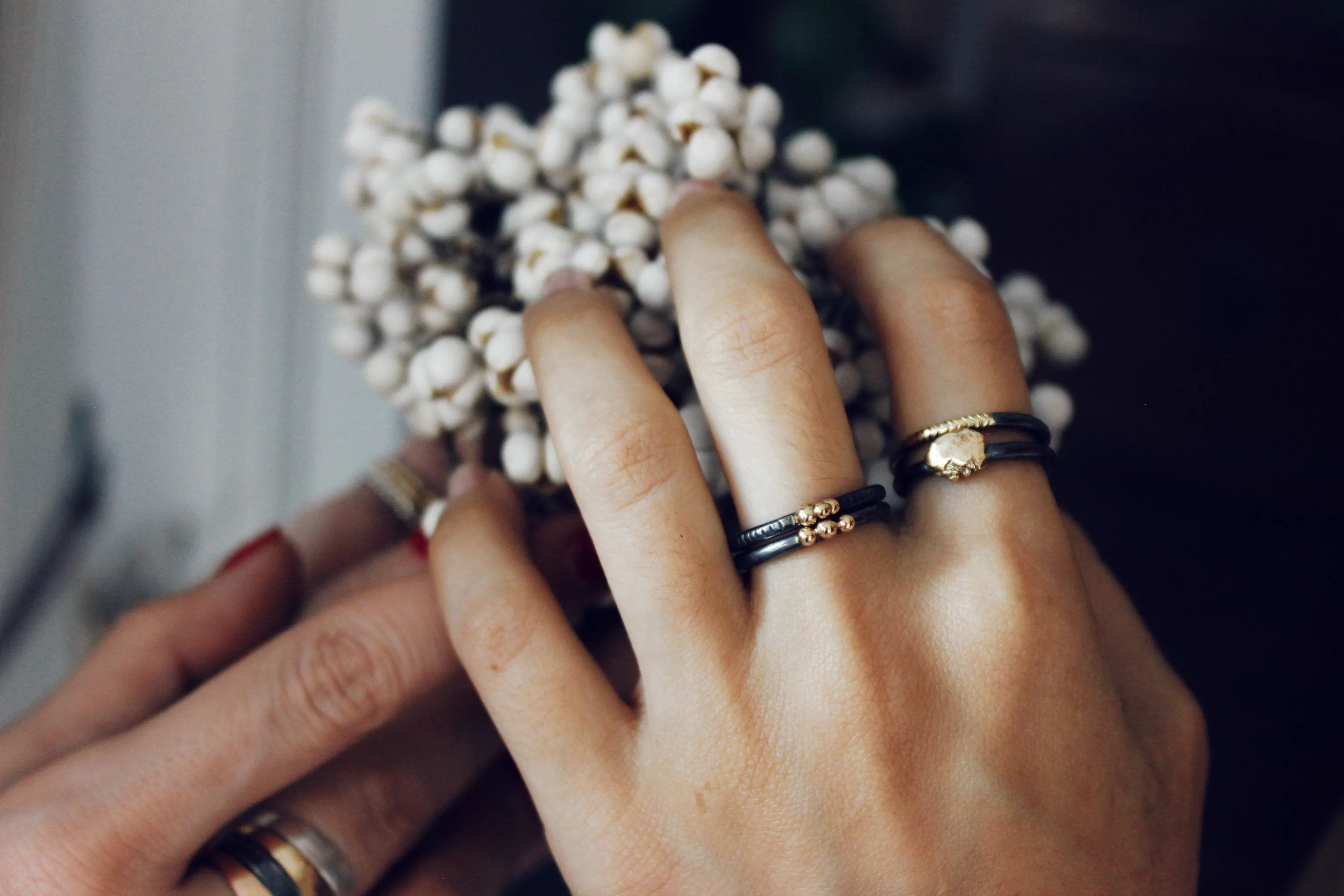 Oxidized Sterling Silver Ring with Three 14k Gold Balls