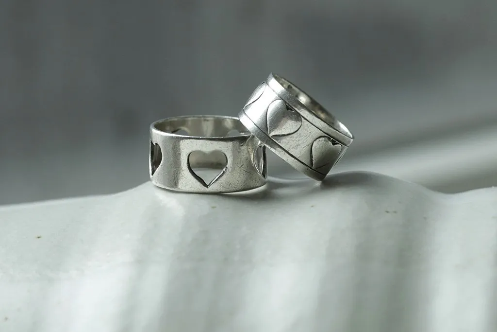 Pair of Vintage Swedish Sterling Silver Heart Rings
