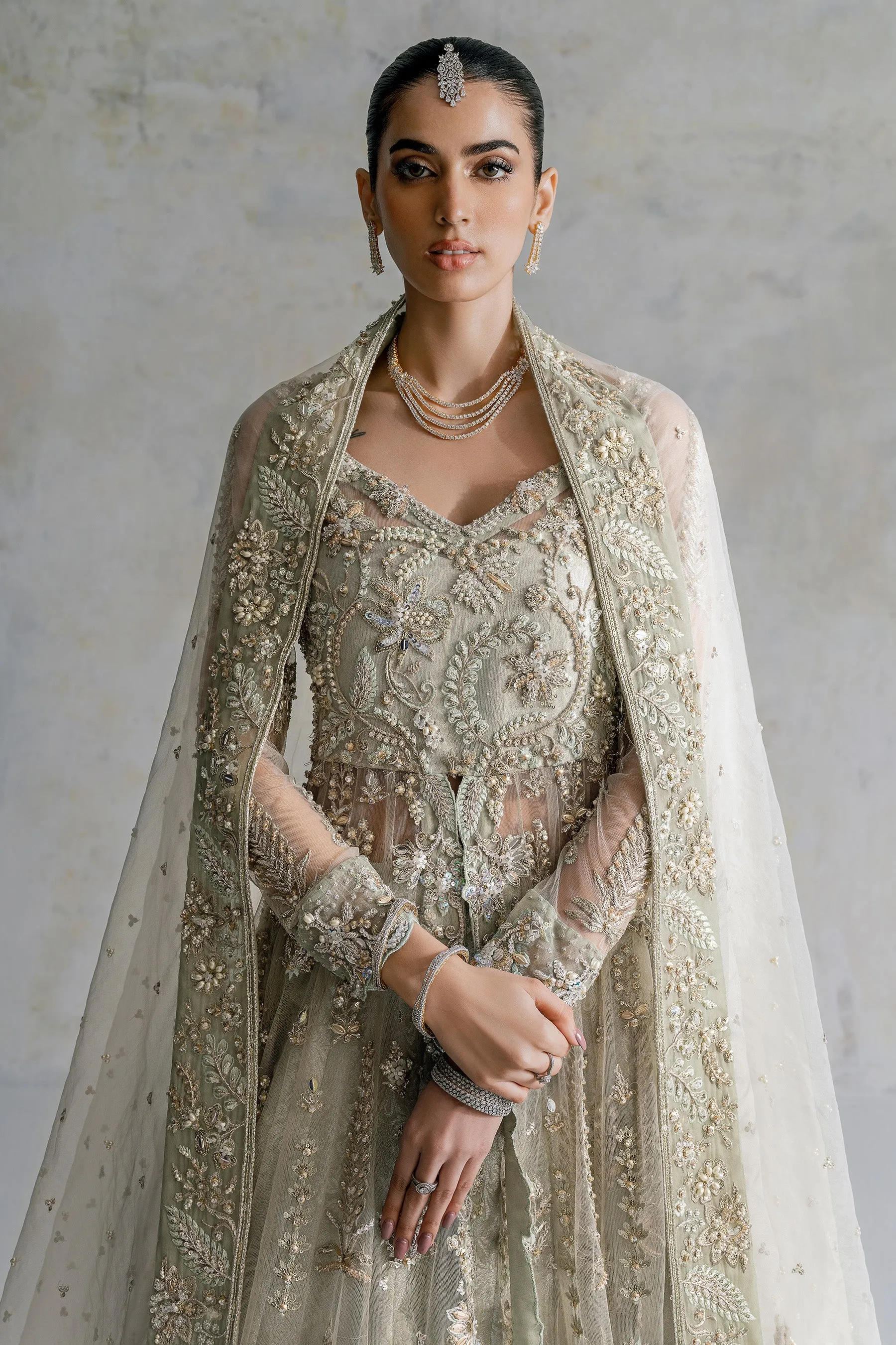 Pakistani Bridal Pishwas Net Frock with Lehenga Dress