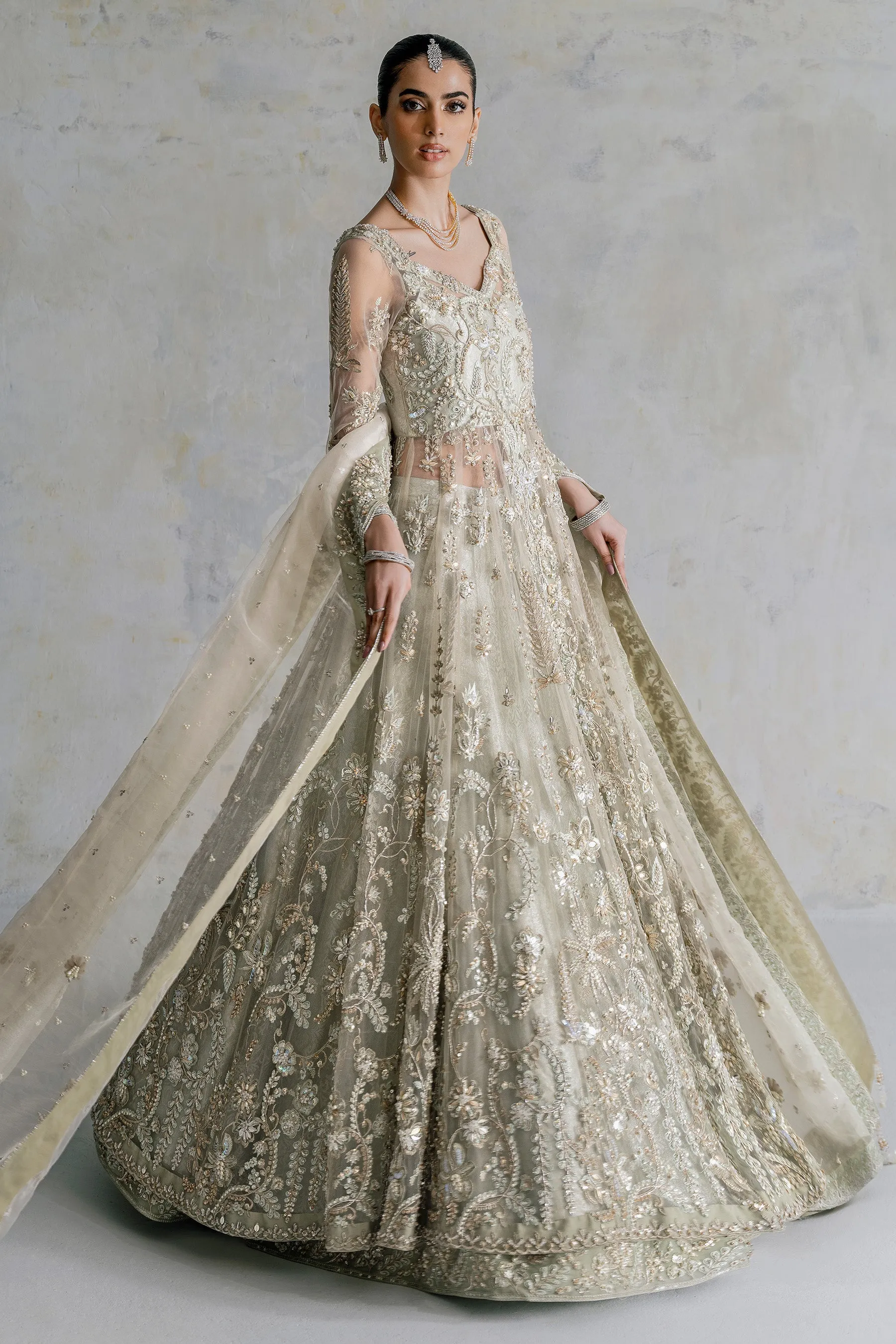 Pakistani Bridal Pishwas Net Frock with Lehenga Dress