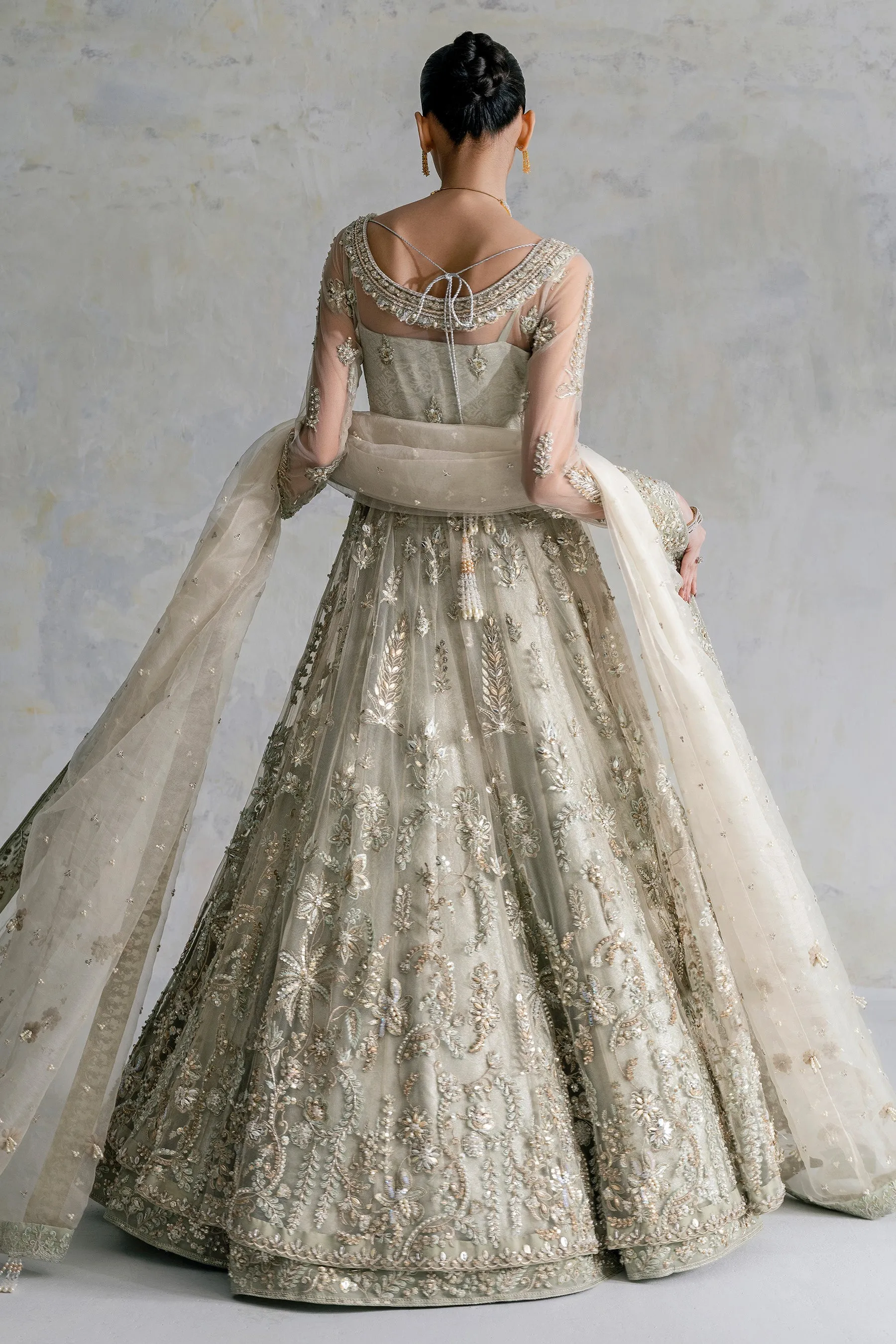 Pakistani Bridal Pishwas Net Frock with Lehenga Dress