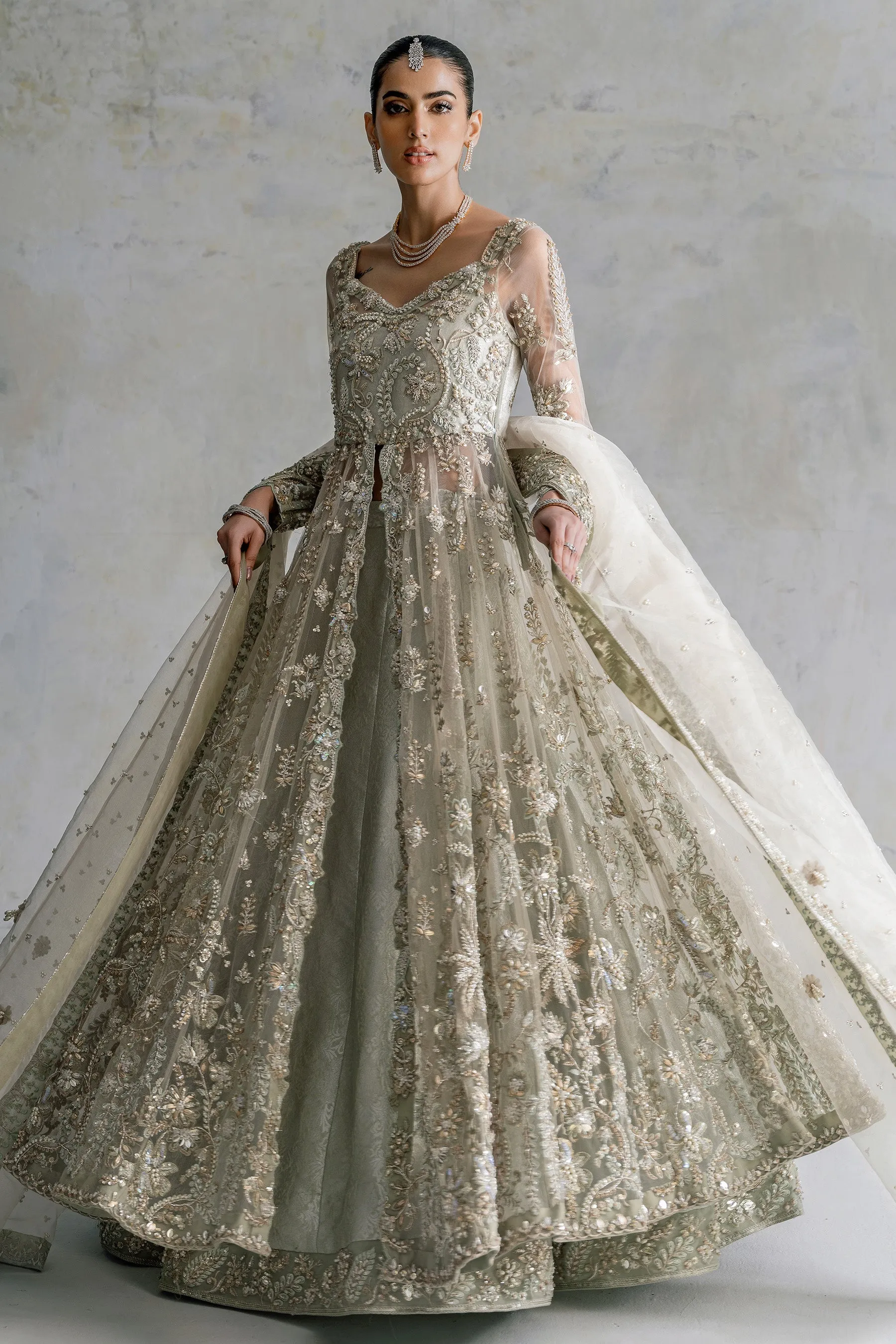 Pakistani Bridal Pishwas Net Frock with Lehenga Dress
