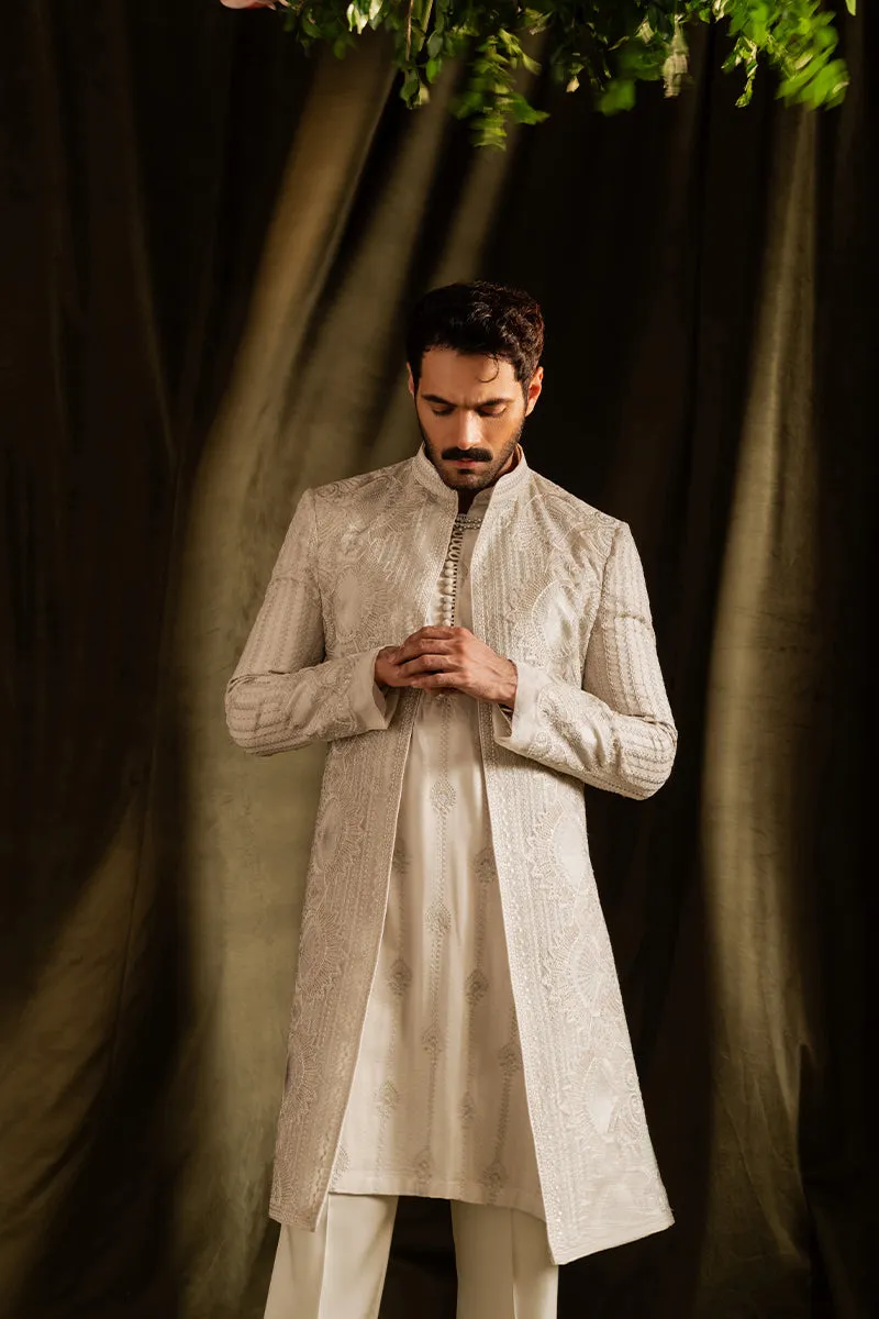 Pakistani Groom Dress in Off-white Open Sherwani Style