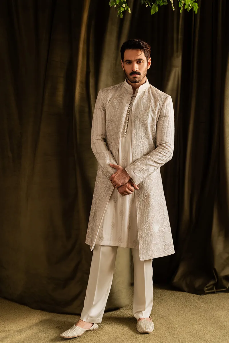 Pakistani Groom Dress in Off-white Open Sherwani Style
