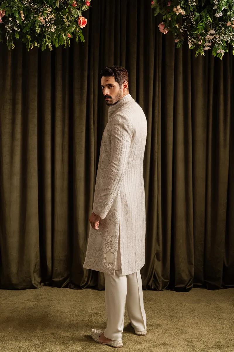 Pakistani Groom Dress in Off-white Open Sherwani Style