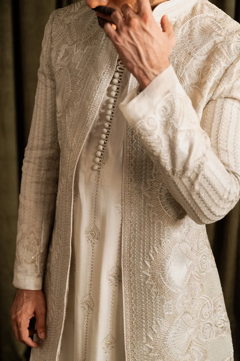 Pakistani Groom Dress in Off-white Open Sherwani Style