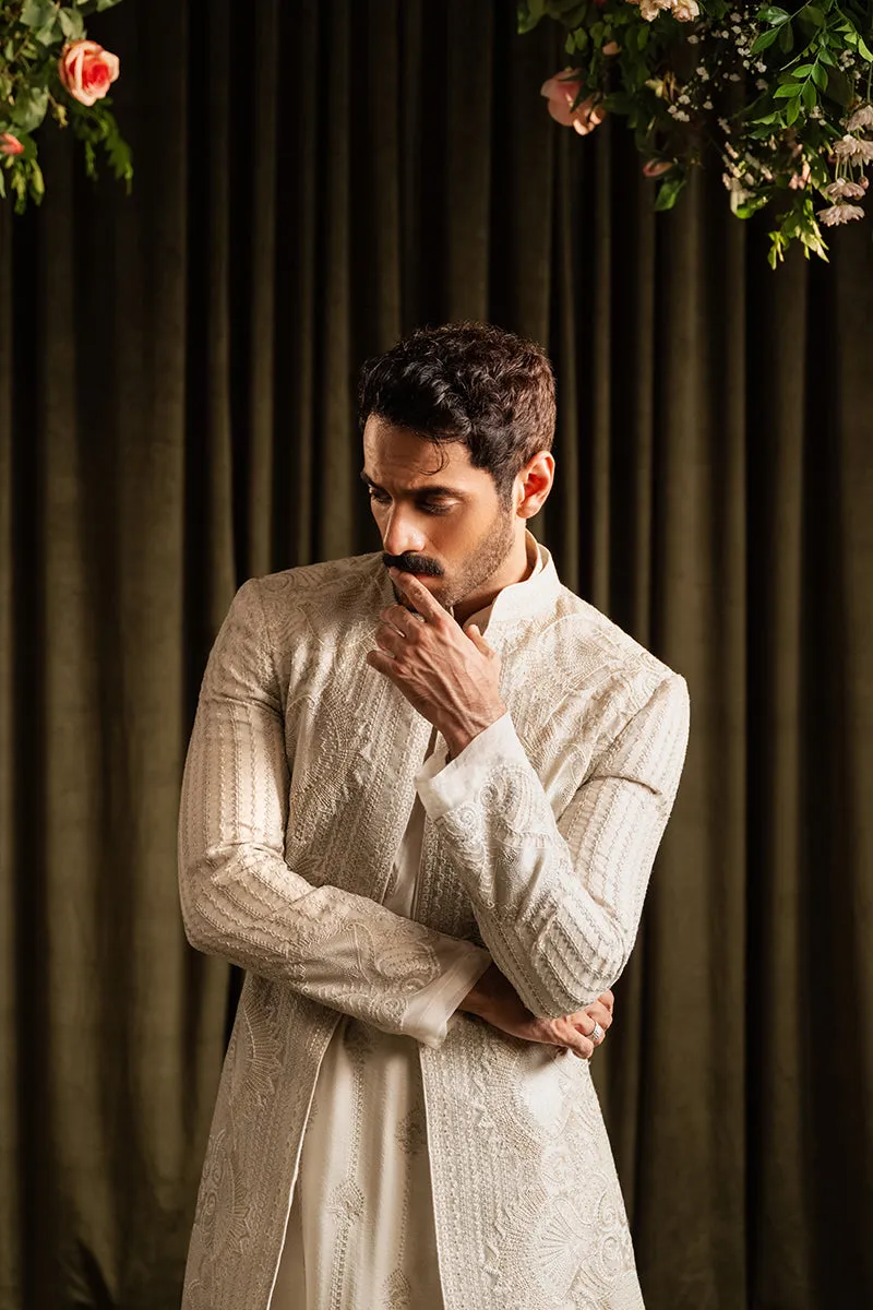 Pakistani Groom Dress in Off-white Open Sherwani Style