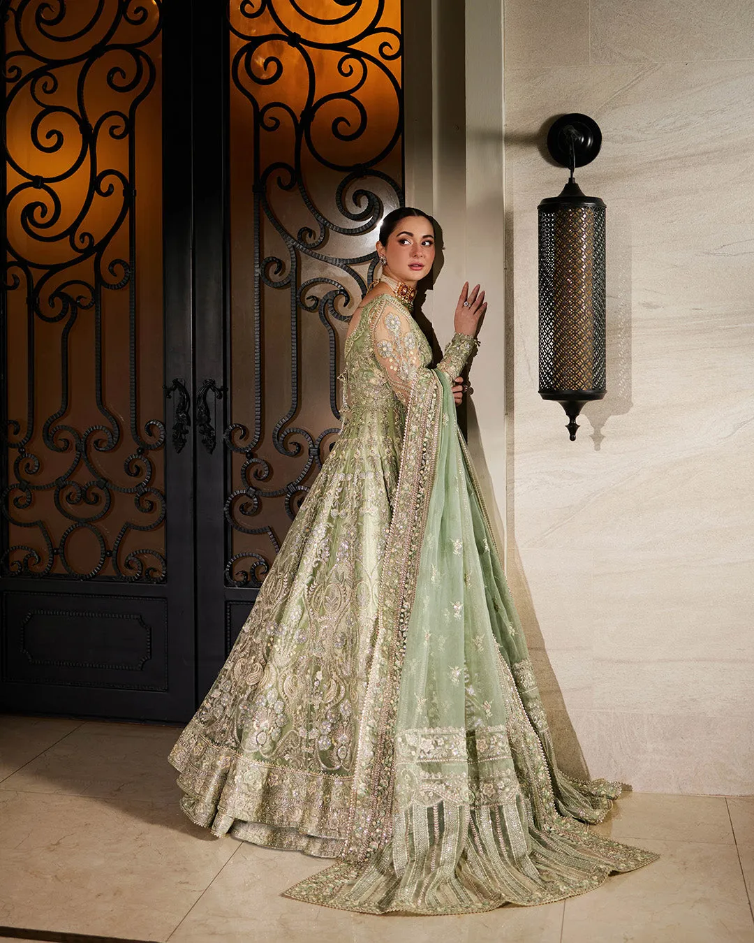 Pakistani Wedding Dress in Mint Green Pishwas Style