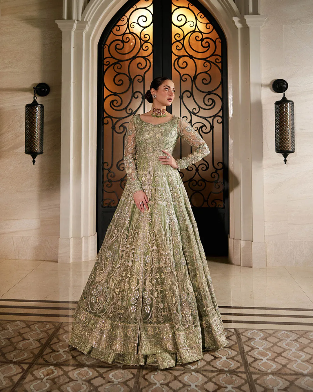 Pakistani Wedding Dress in Mint Green Pishwas Style