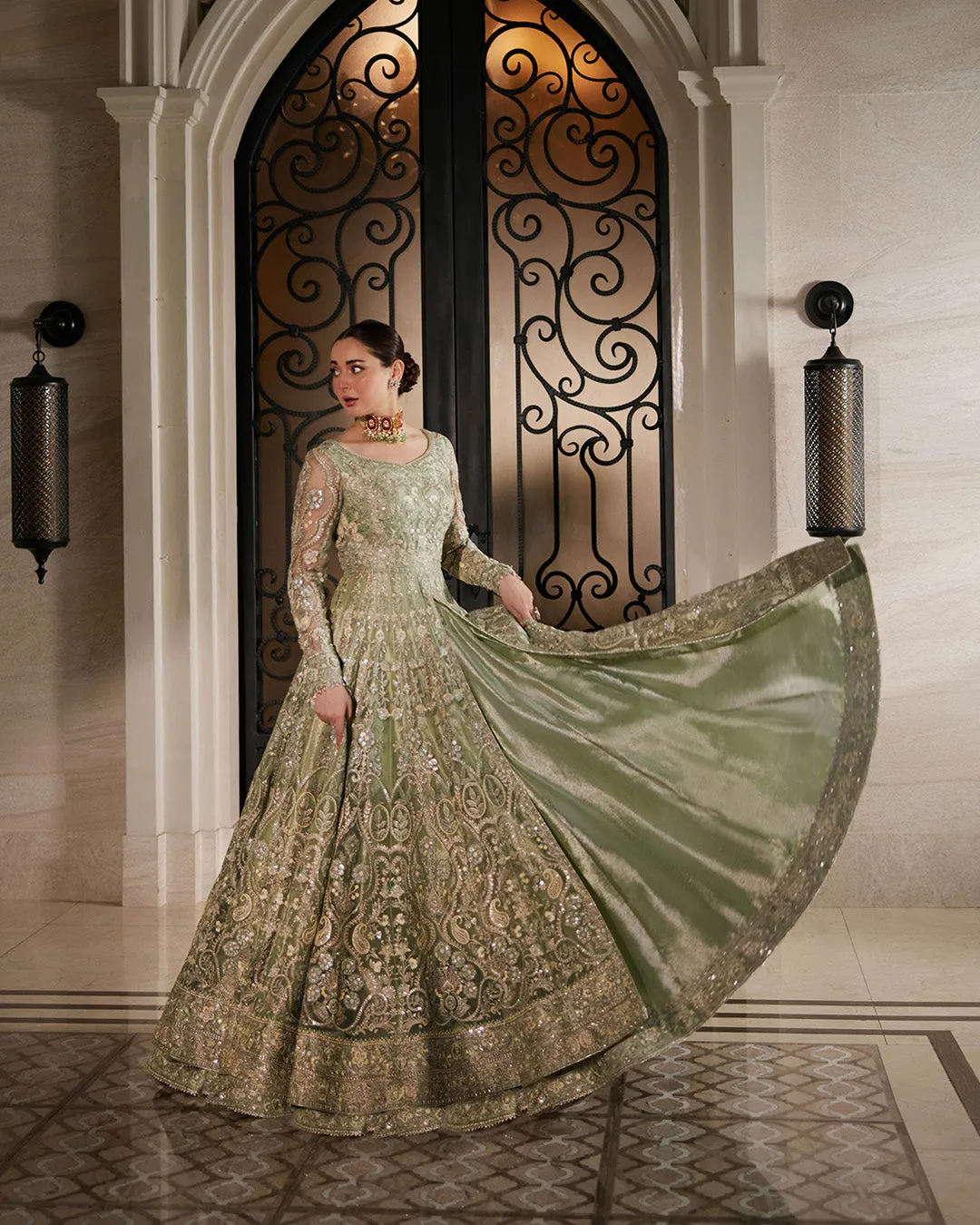 Pakistani Wedding Dress in Mint Green Pishwas Style
